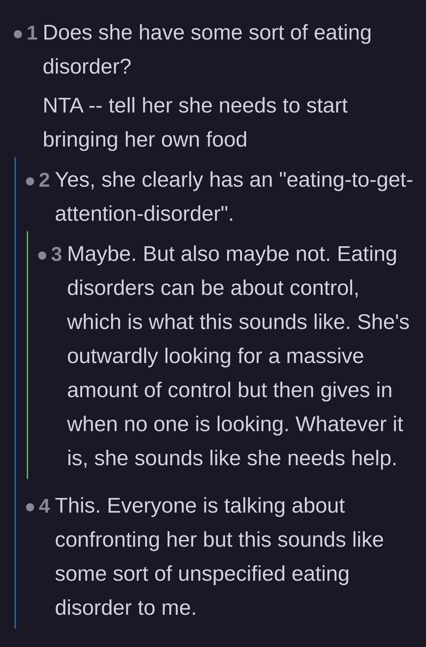 Comment thread 6 - A debate over whether the friend has a genuine need for control or just a desperate craving for attention.