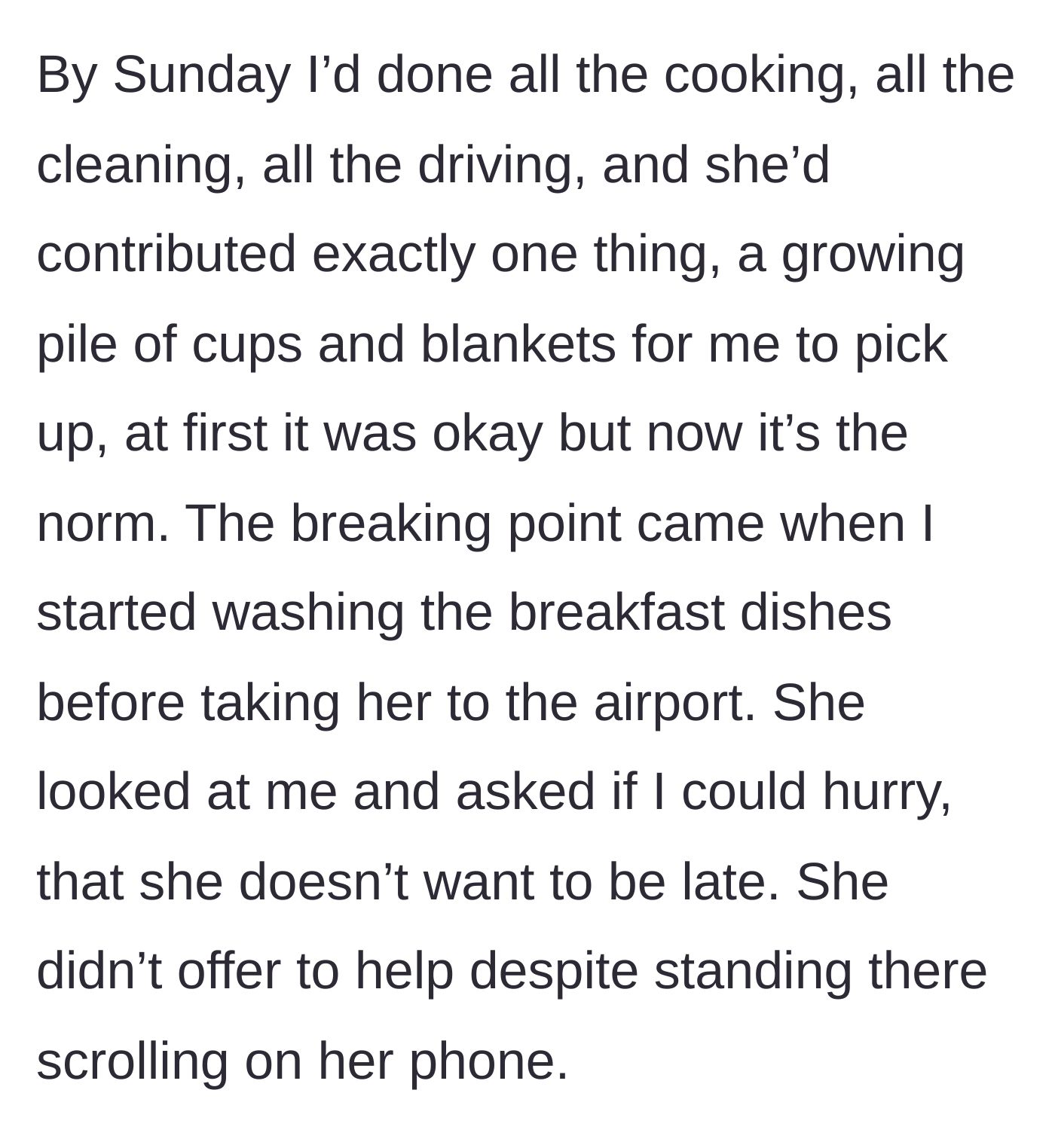 Story part 4 - Guest scrolling on phone while rushing the hostess to wash dishes.