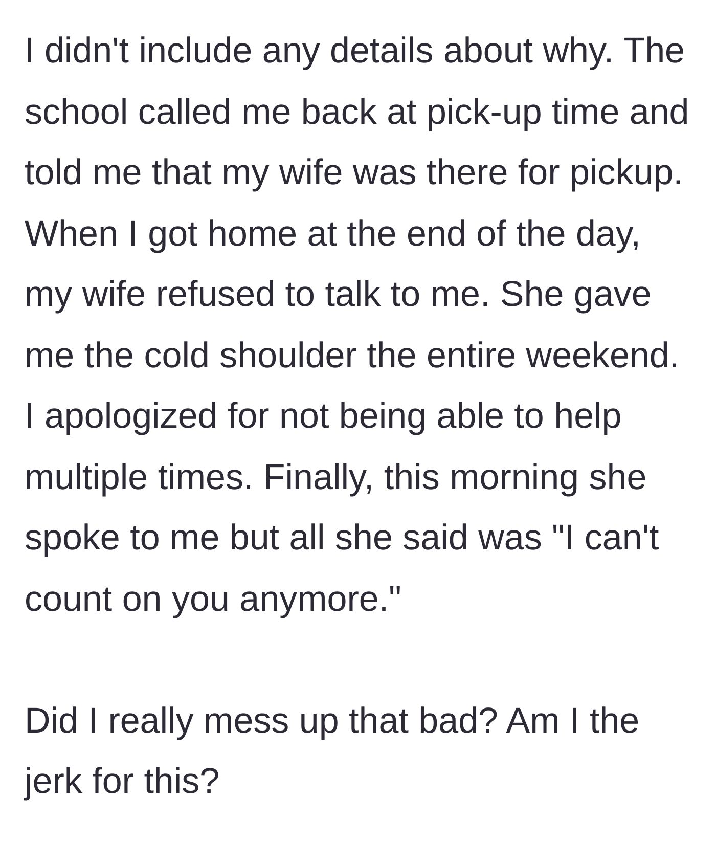 Story part 7 - Wife giving her husband the cold shoulder all weekend and finally telling him she can't count on him anymore.