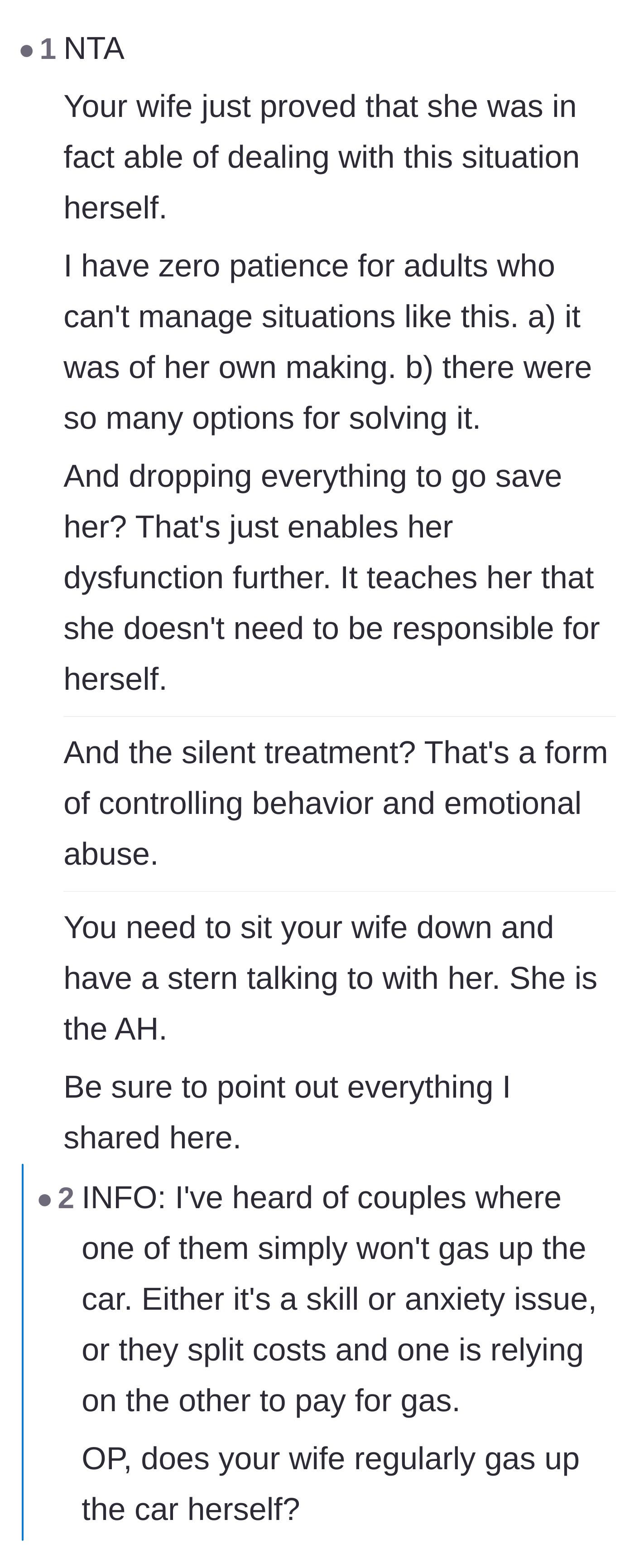 Comment thread 1 - A discussion on how the silent treatment is a form of emotional manipulation and why rescuing the wife enables her dysfunction.