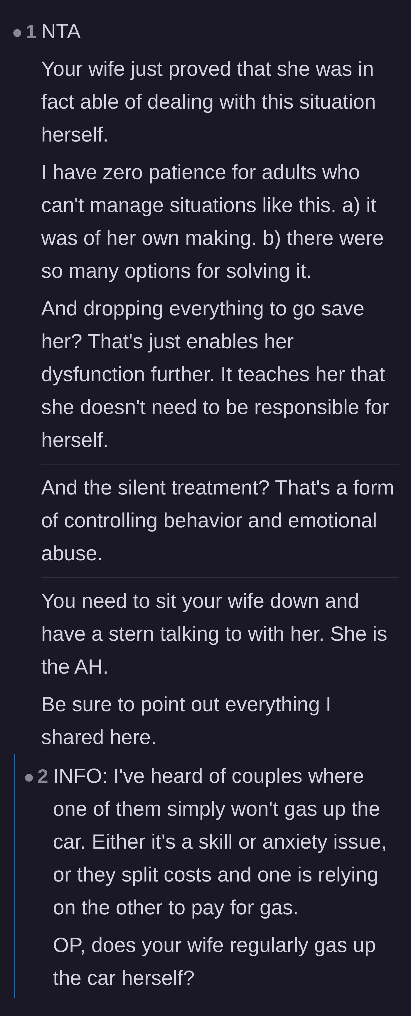 Comment thread 1 - A discussion on how the silent treatment is a form of emotional manipulation and why rescuing the wife enables her dysfunction.