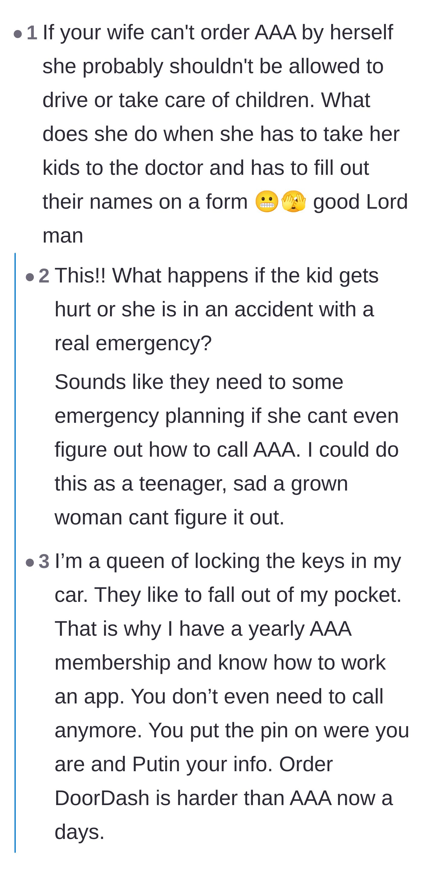 Comment thread 2 - Readers pointing out the safety risks of a mother who cannot manage basic roadside assistance in an emergency.