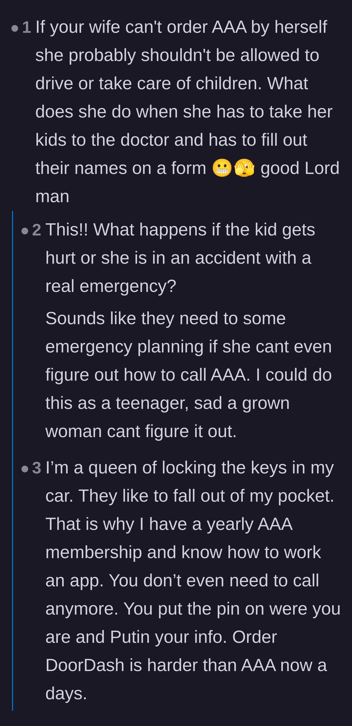 Comment thread 2 - Readers pointing out the safety risks of a mother who cannot manage basic roadside assistance in an emergency.