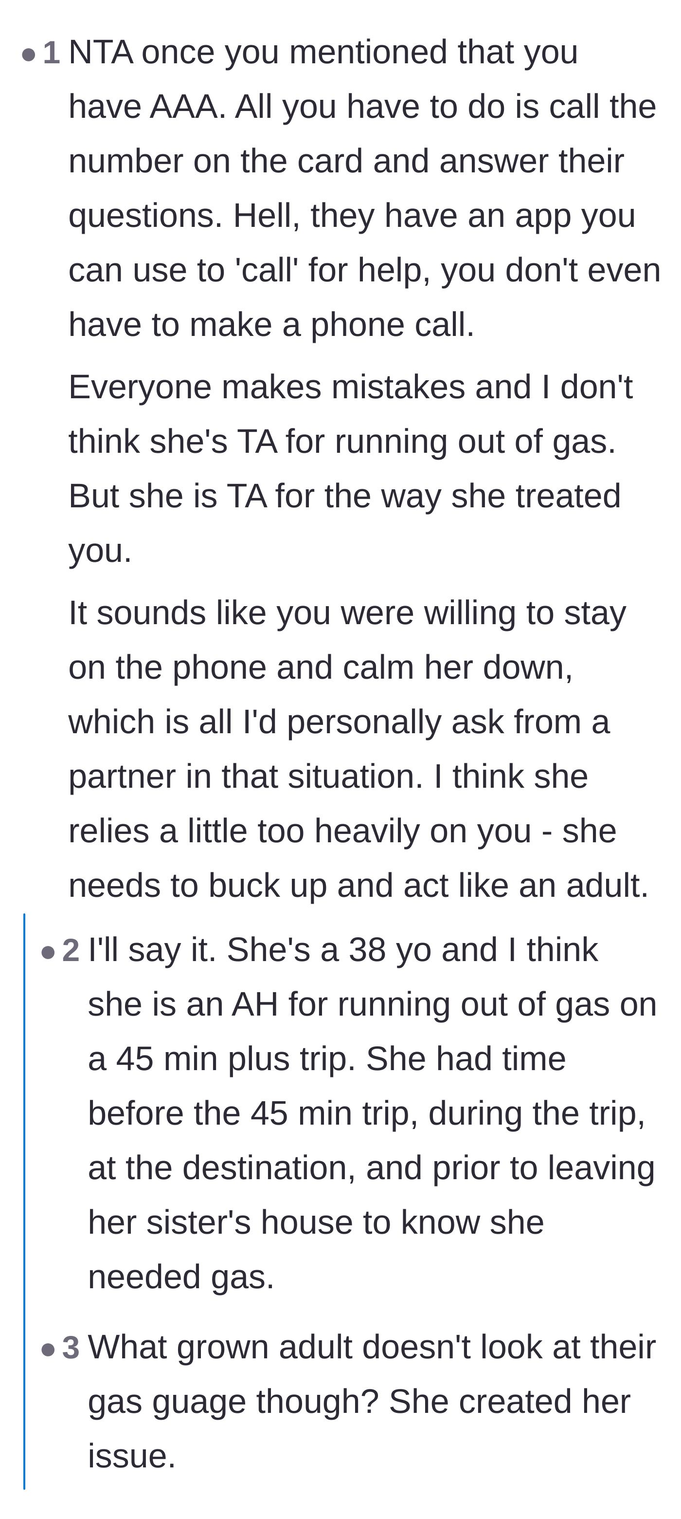 Comment thread 4 - Commenters breaking down the timeline and pointing out the wife had plenty of time to check her gas gauge before the long trip.