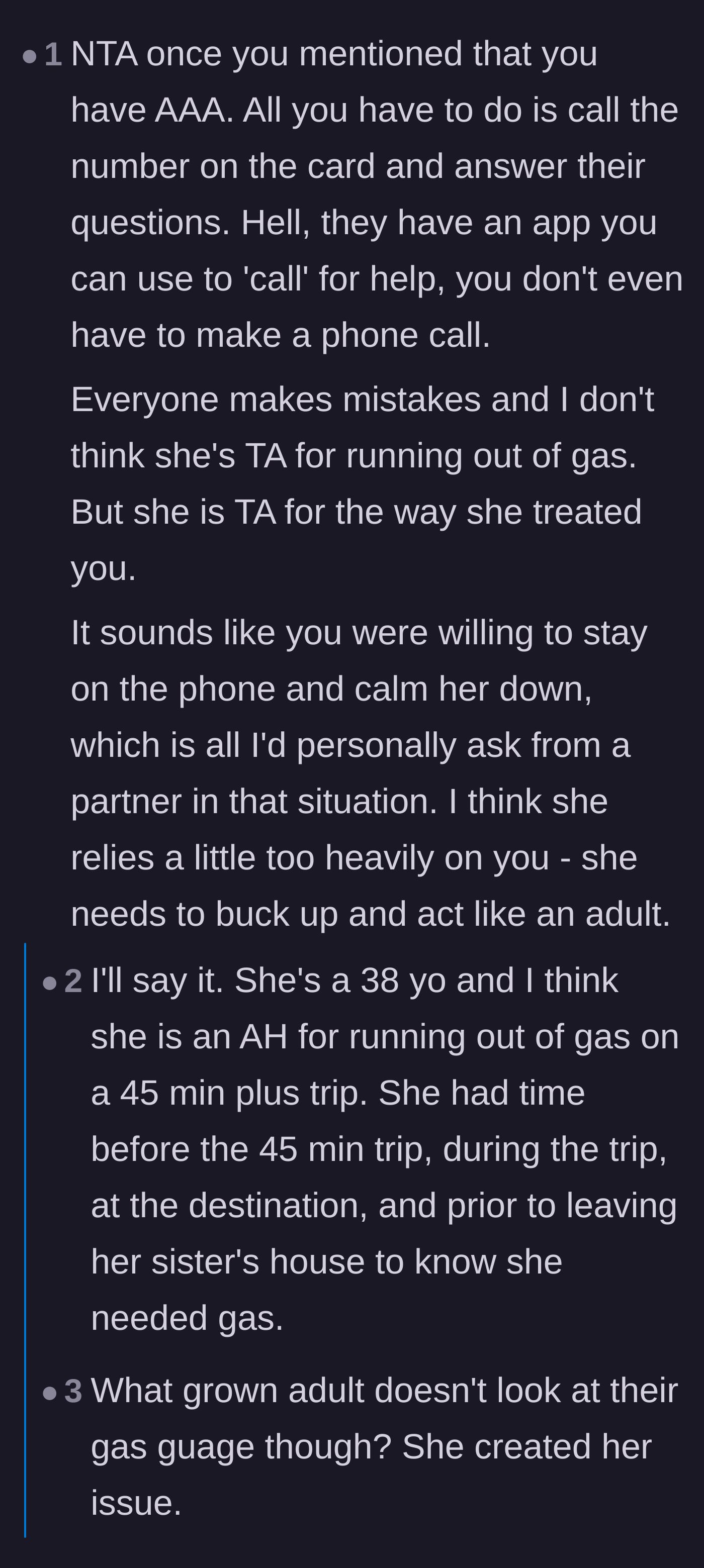 Comment thread 4 - Commenters breaking down the timeline and pointing out the wife had plenty of time to check her gas gauge before the long trip.