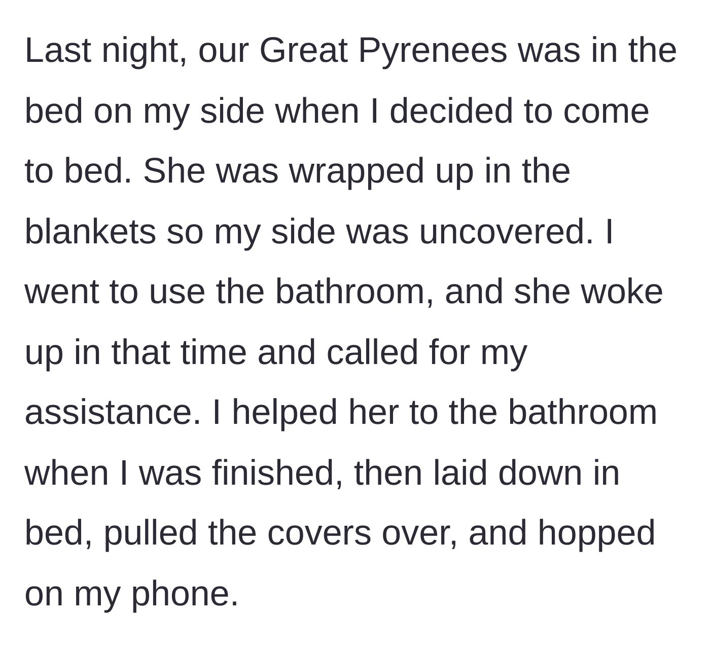 Story part 2 - The husband helps his wife to the bathroom while a large dog occupies his side of the bed.
