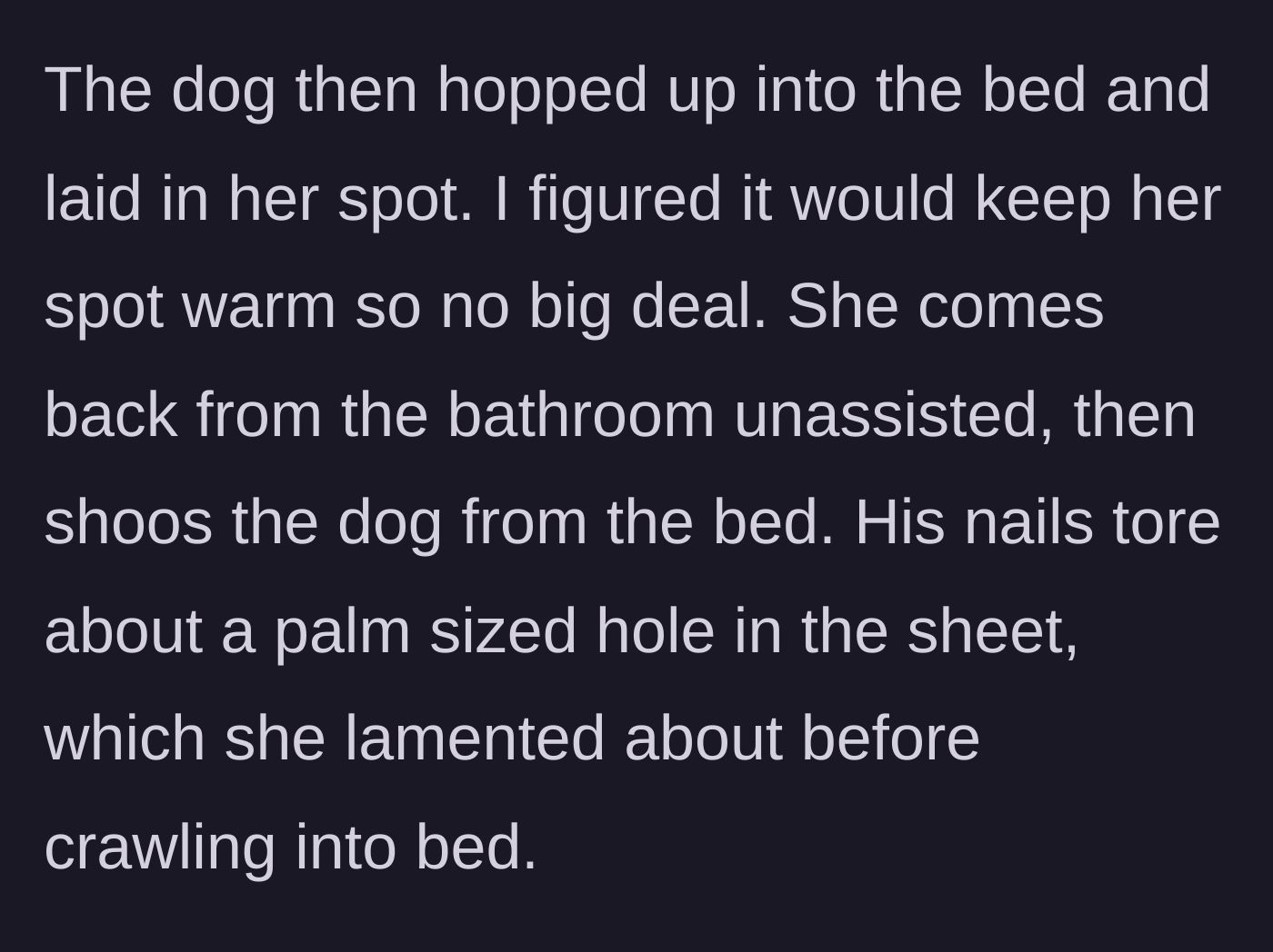 Story part 3 - The dog takes the wife's warm spot, and when she shoos him away, his nails tear the bedsheet.