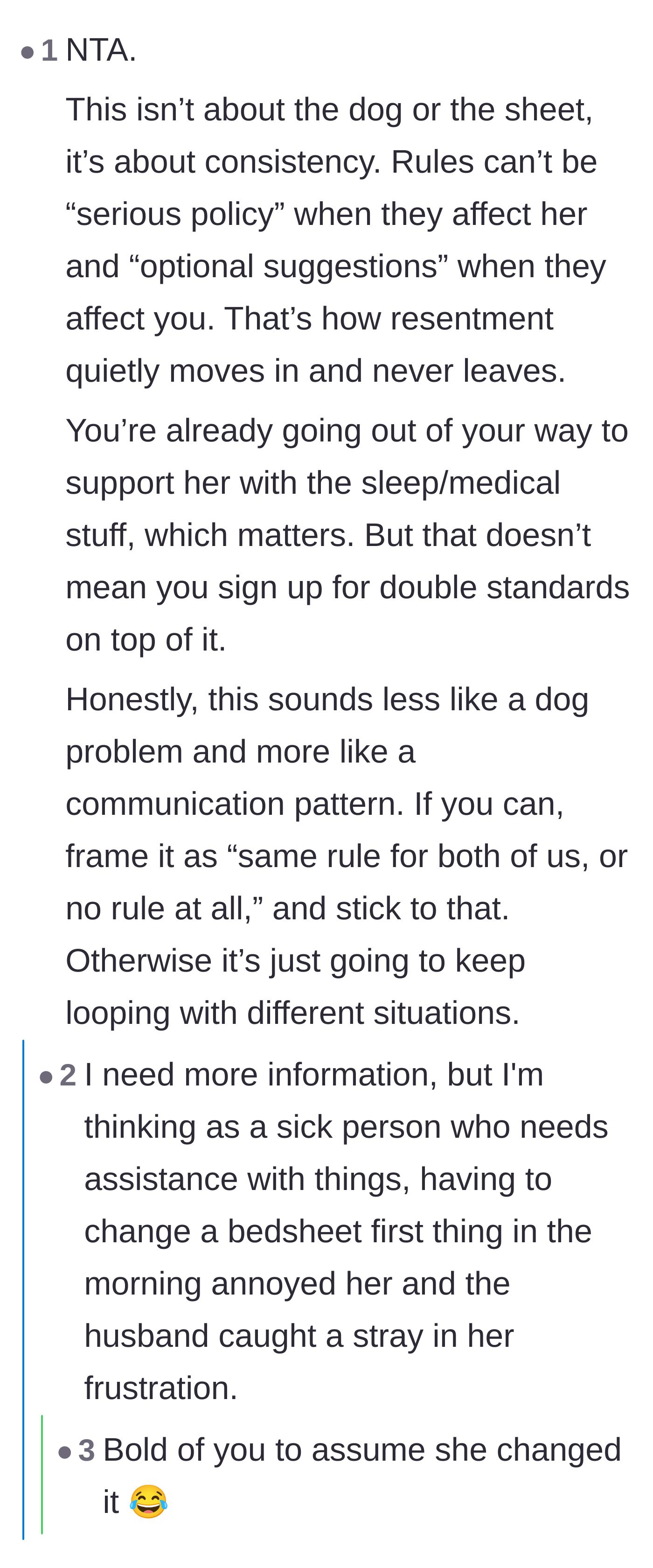 Comment thread 4 - A discussion on how inconsistent rules breed deep resentment, with a joke about who actually does the chores.