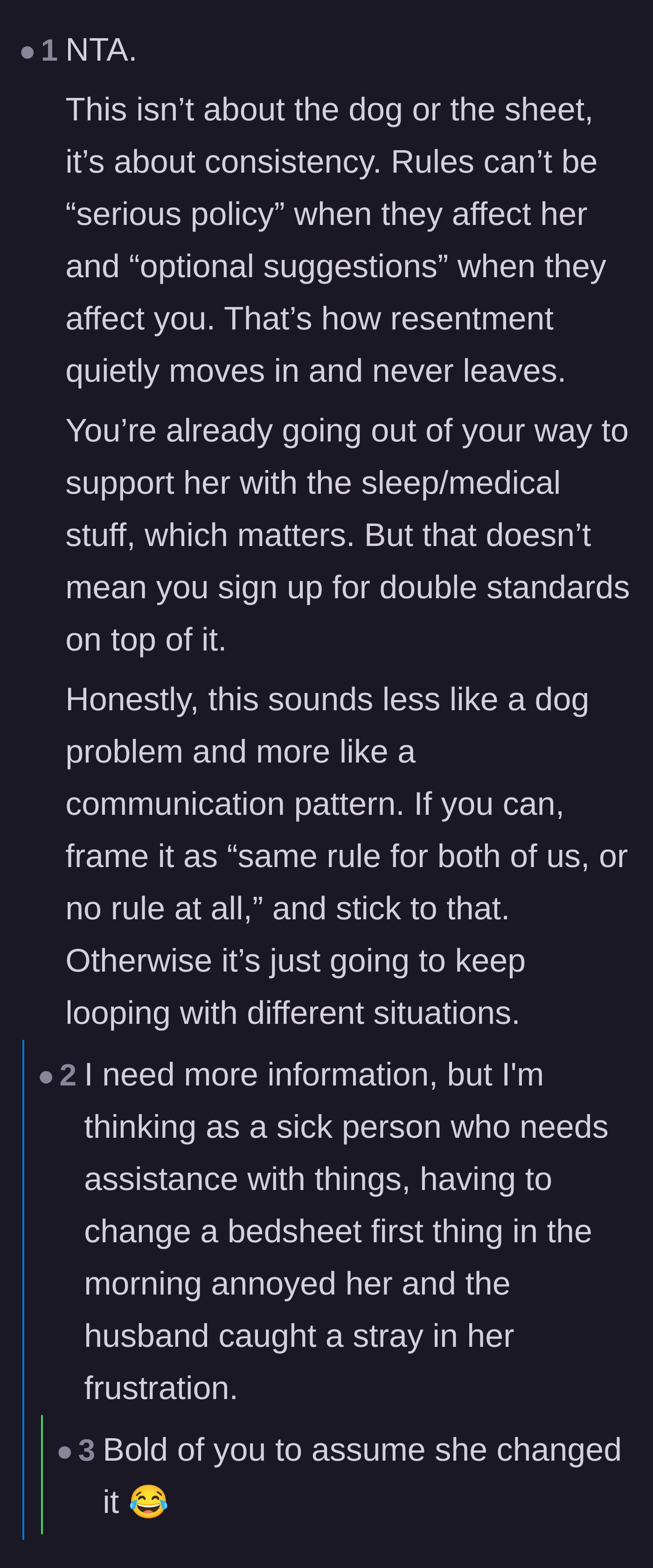 Comment thread 4 - A discussion on how inconsistent rules breed deep resentment, with a joke about who actually does the chores.
