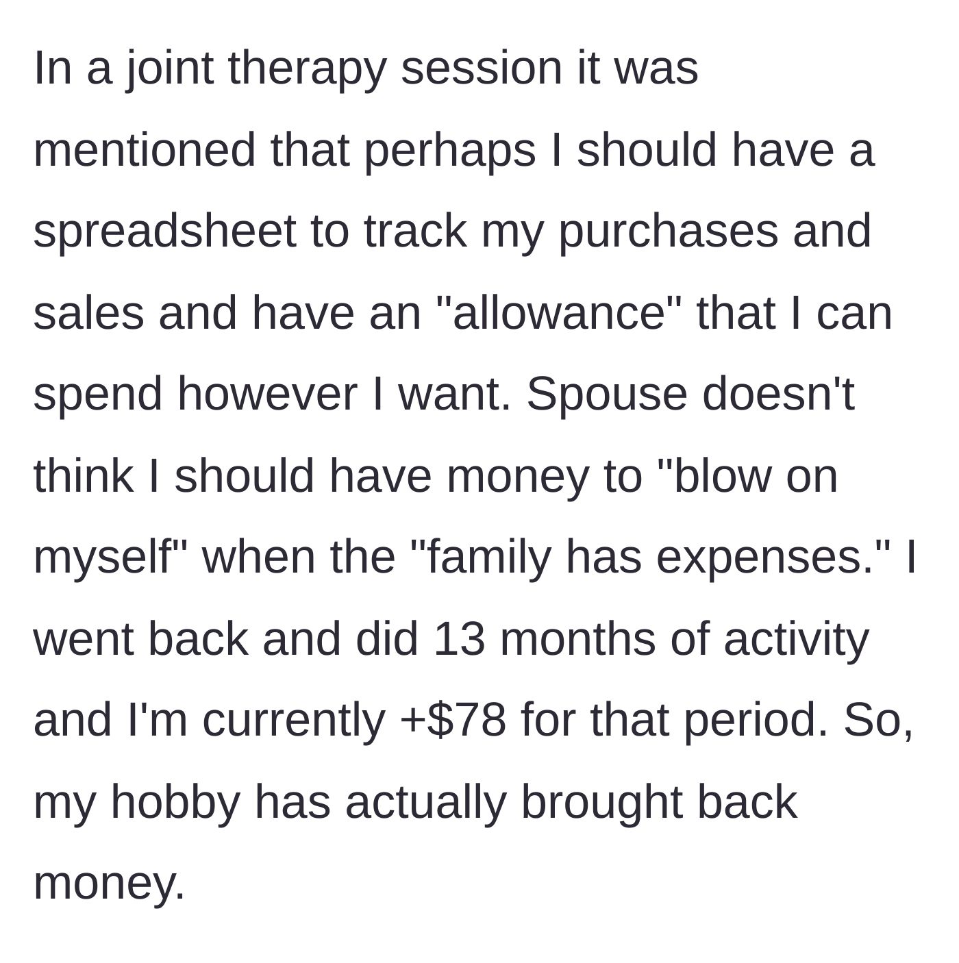 Story part 4 - A therapist suggests an allowance, the wife objects, and the husband proves his guitar flipping actually makes a profit.