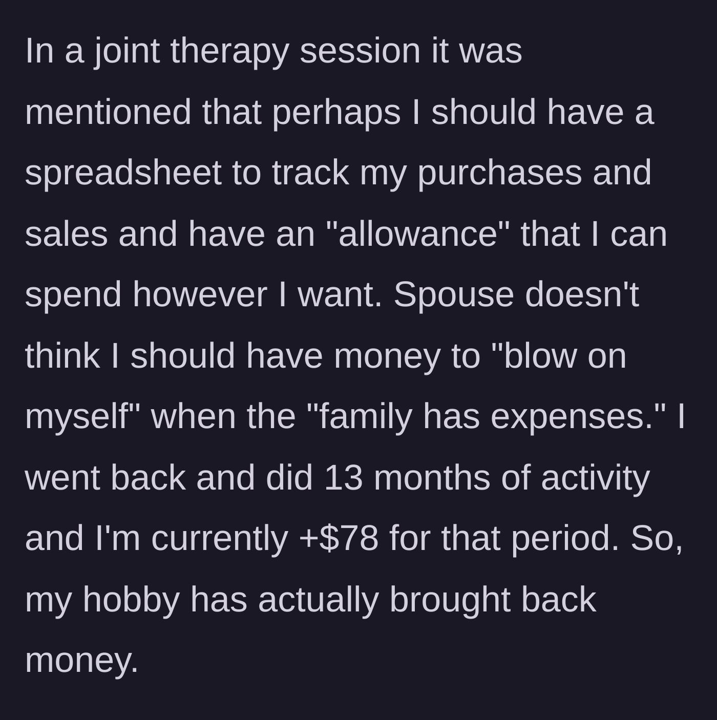 Story part 4 - A therapist suggests an allowance, the wife objects, and the husband proves his guitar flipping actually makes a profit.