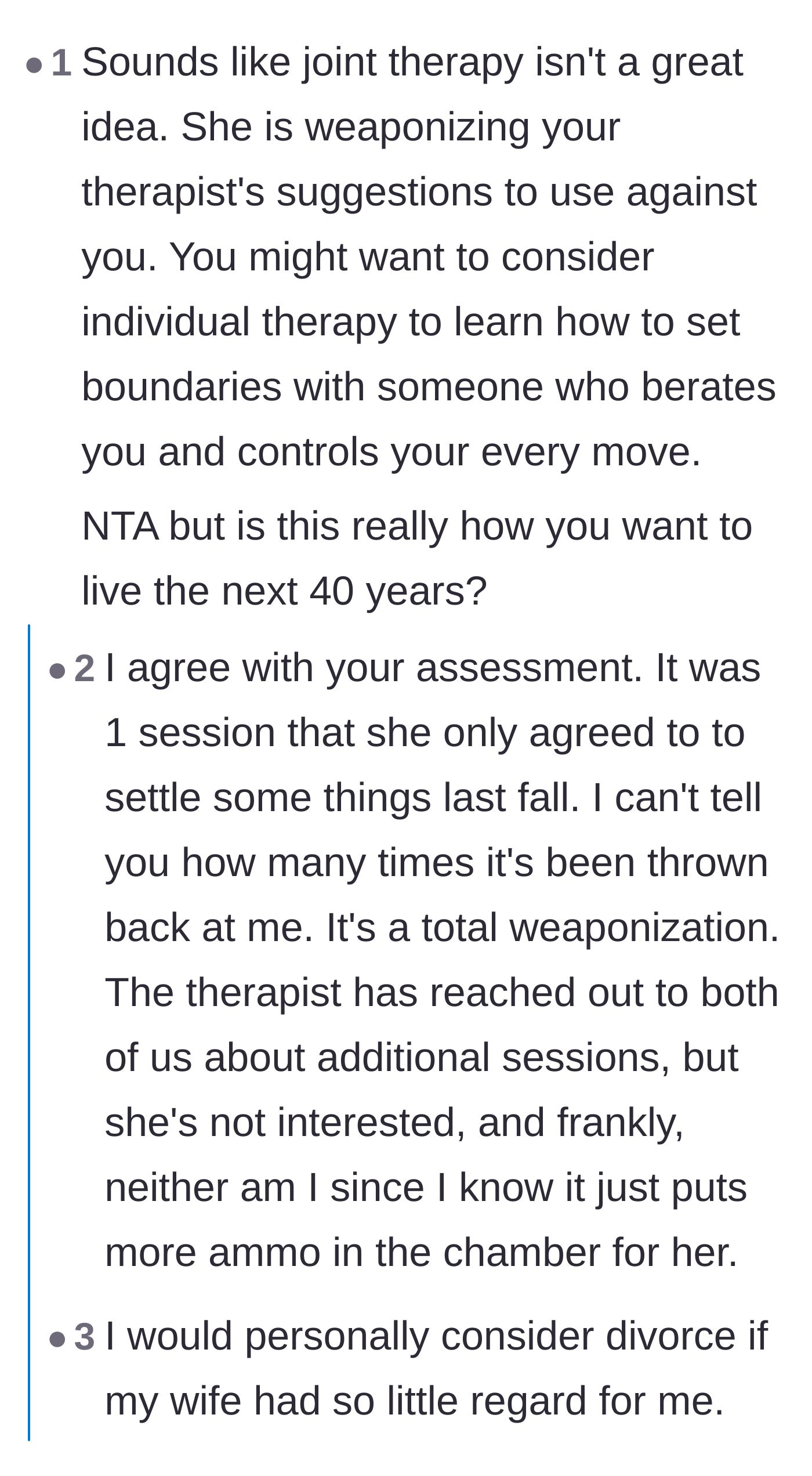 Comment thread 1 - Advice warning the husband about weaponized therapy and the signs of financial abuse