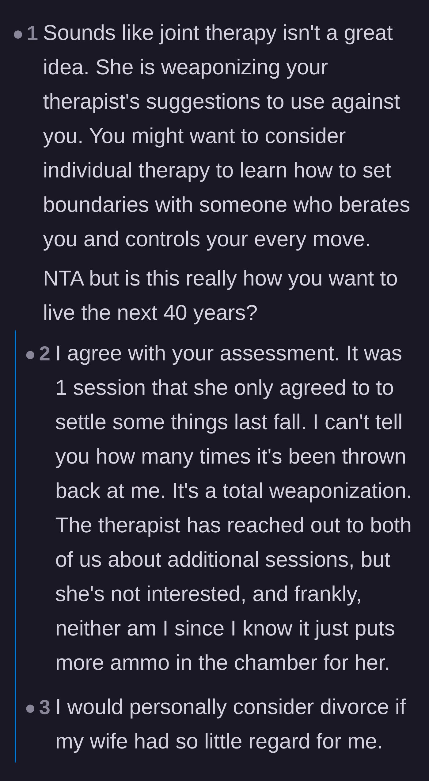Comment thread 1 - Advice warning the husband about weaponized therapy and the signs of financial abuse