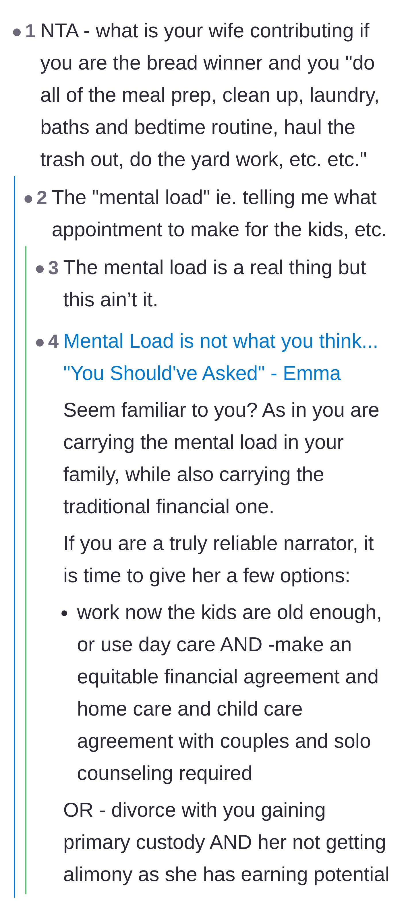 Comment thread 4 - A debate dismantling the wife's claim that she carries the household's mental load