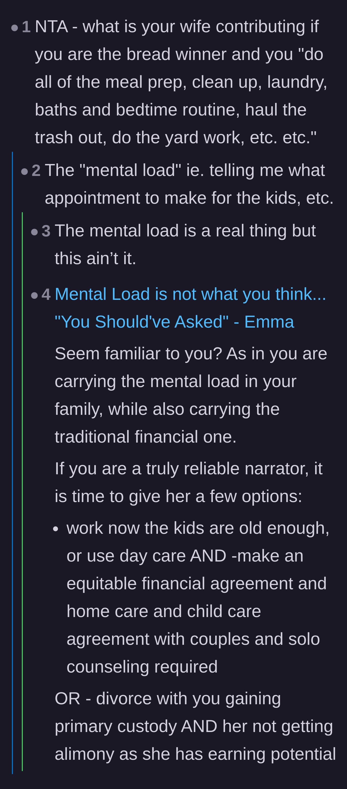 Comment thread 4 - A debate dismantling the wife's claim that she carries the household's mental load