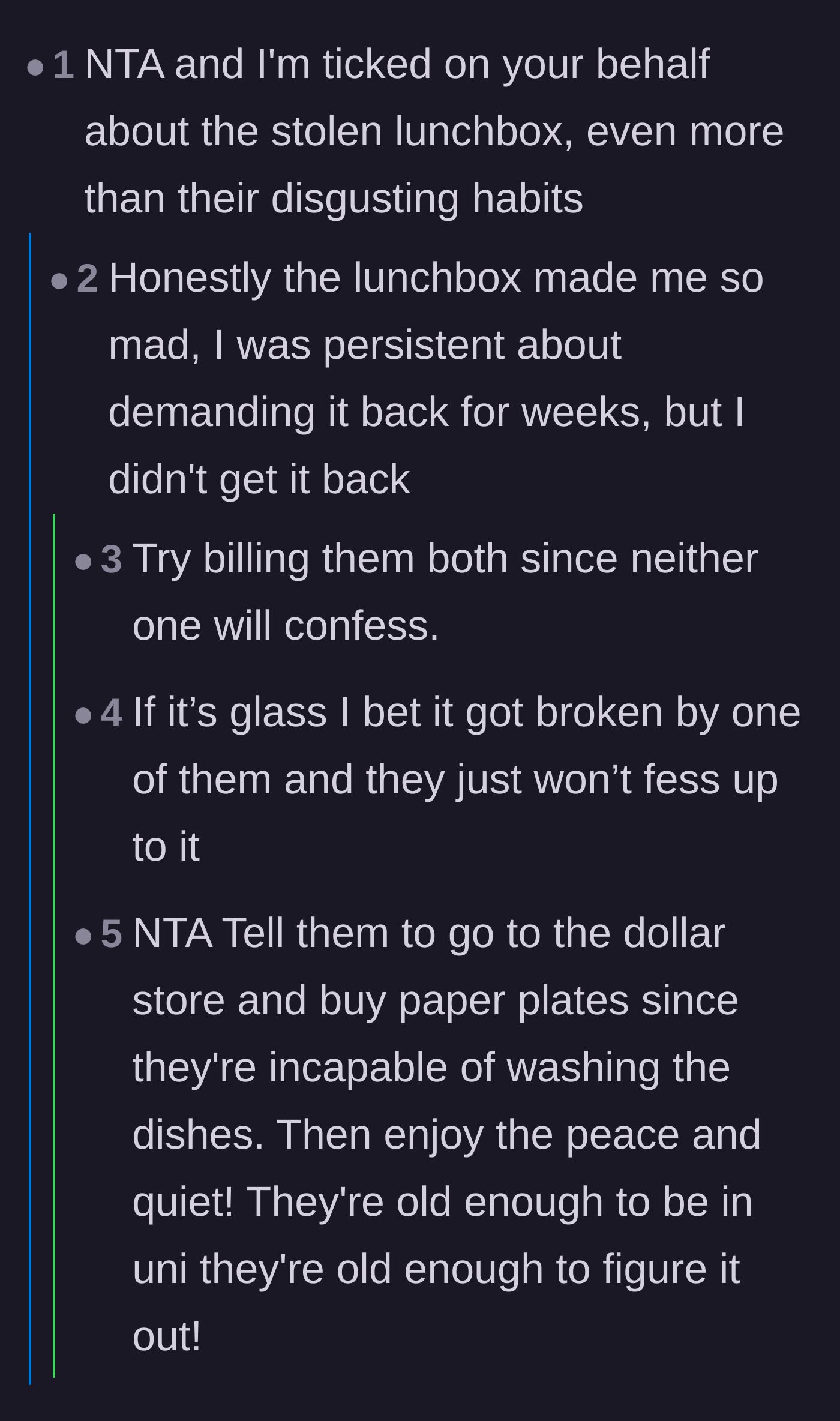 Comment thread 1 - Readers fume over the stolen lunchbox and debate the usefulness of typical internet advice like billing the roommates.