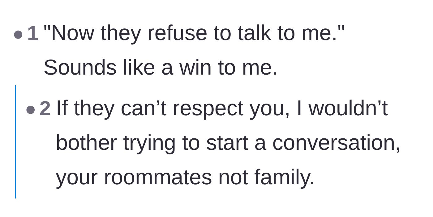 Comment thread 3 - A commenter pointing out that the roommates' silent treatment is actually a positive outcome.