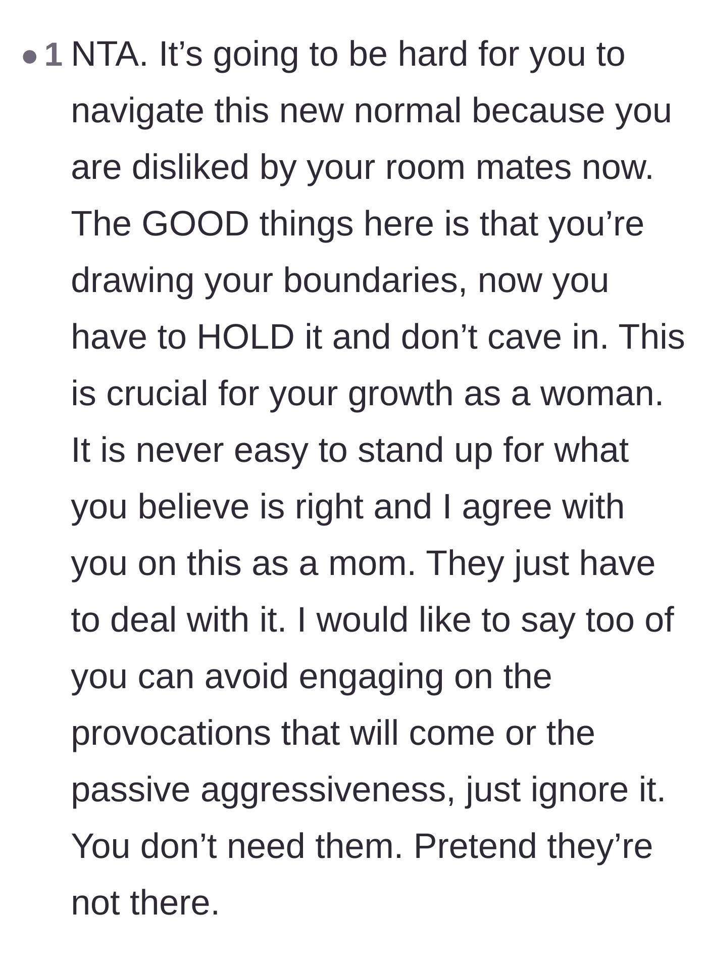 Comment thread 5 - Heartfelt advice from a mother figure about holding boundaries and ignoring passive-aggressive behavior.