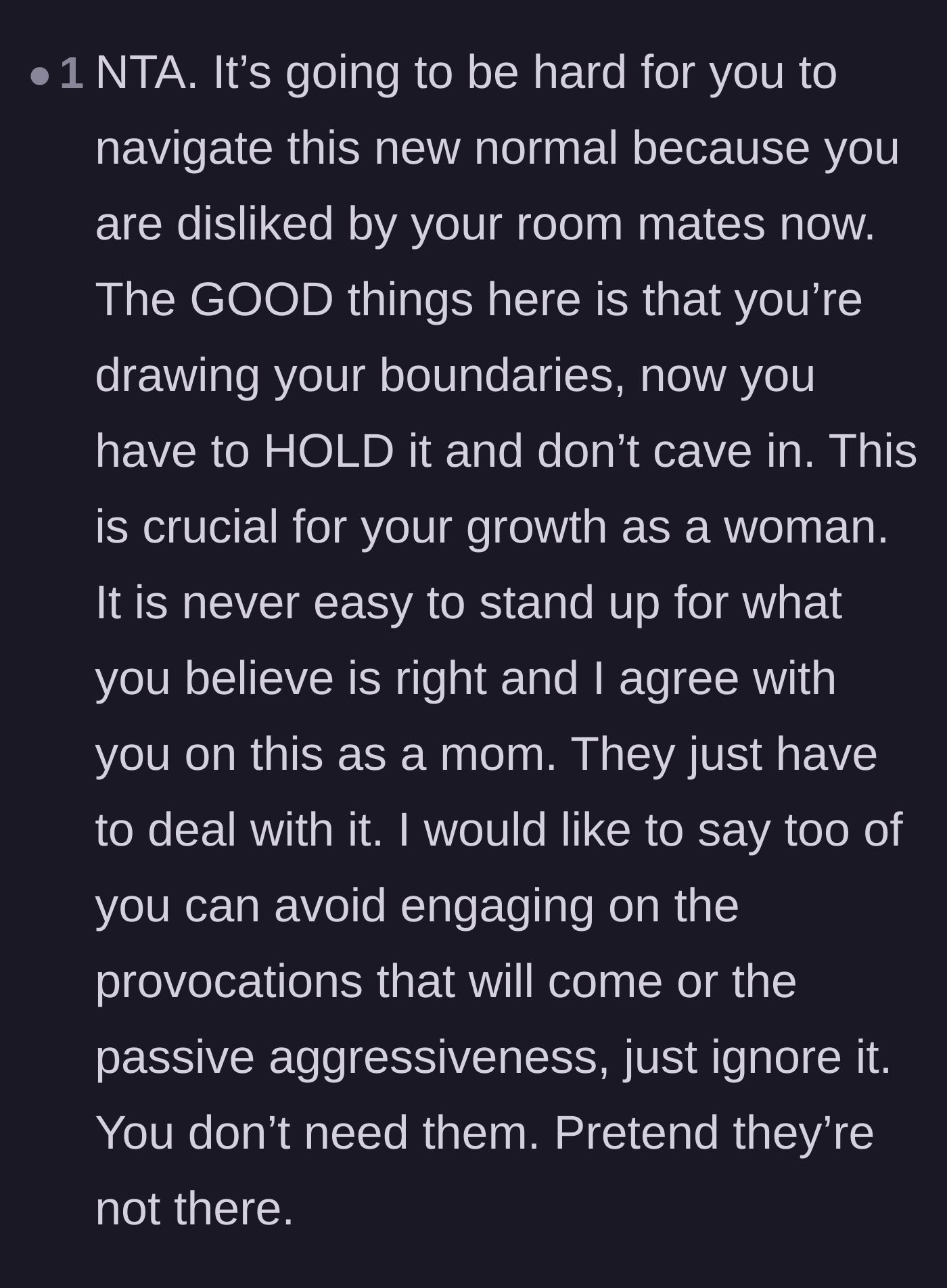 Comment thread 5 - Heartfelt advice from a mother figure about holding boundaries and ignoring passive-aggressive behavior.