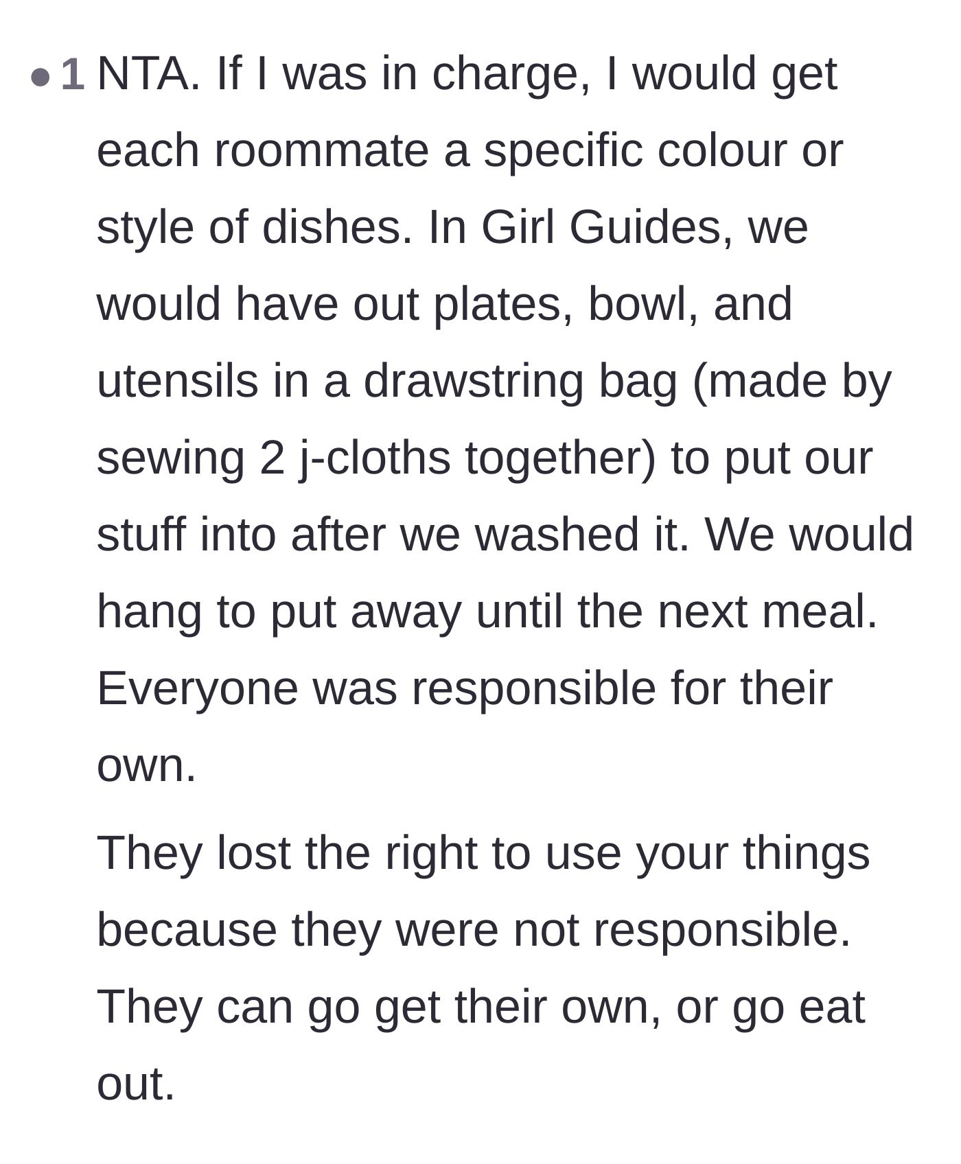 Comment thread 6 - A practical suggestion to make the roommates use camping-style mess kits for shared living situations.
