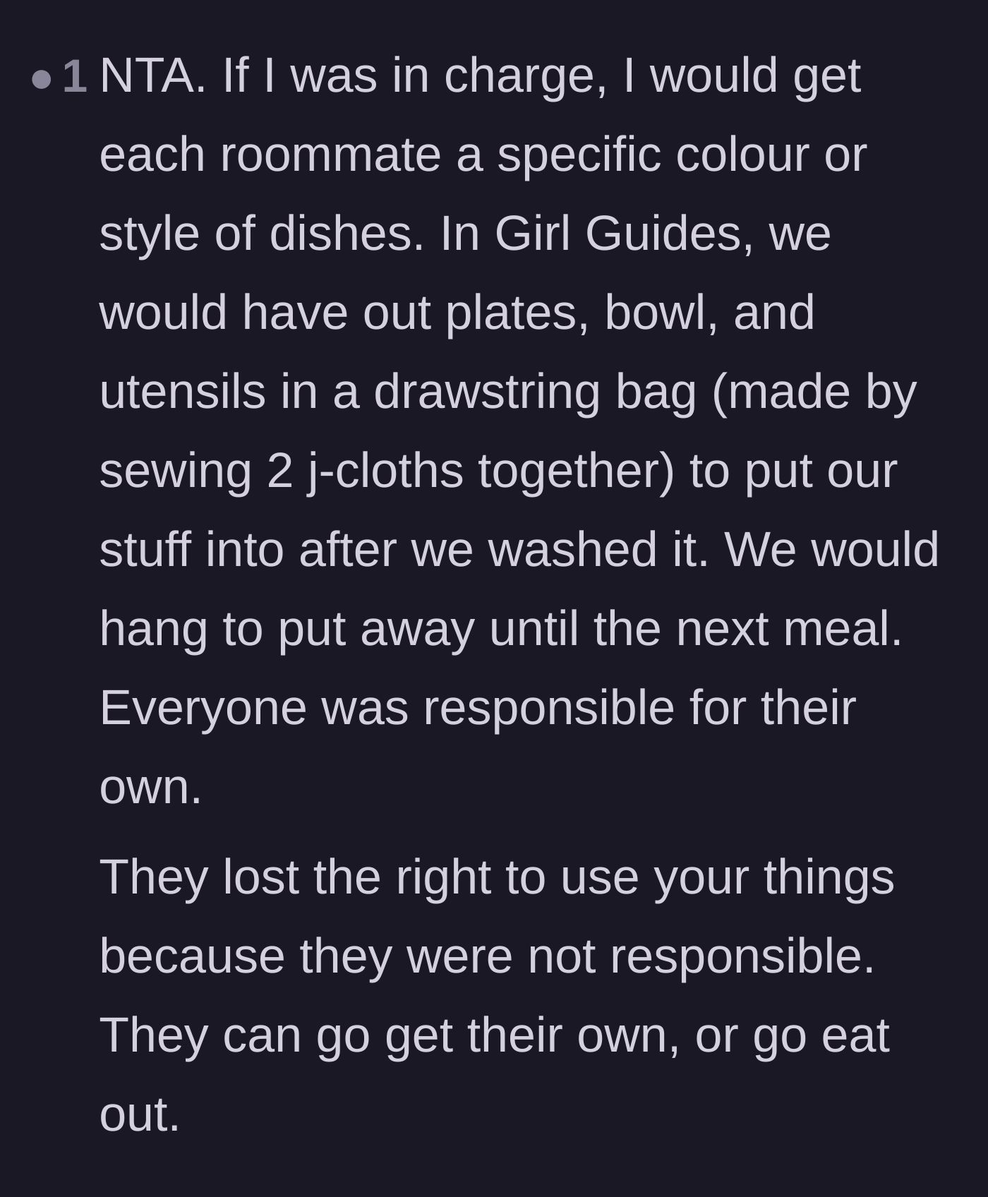 Comment thread 6 - A practical suggestion to make the roommates use camping-style mess kits for shared living situations.