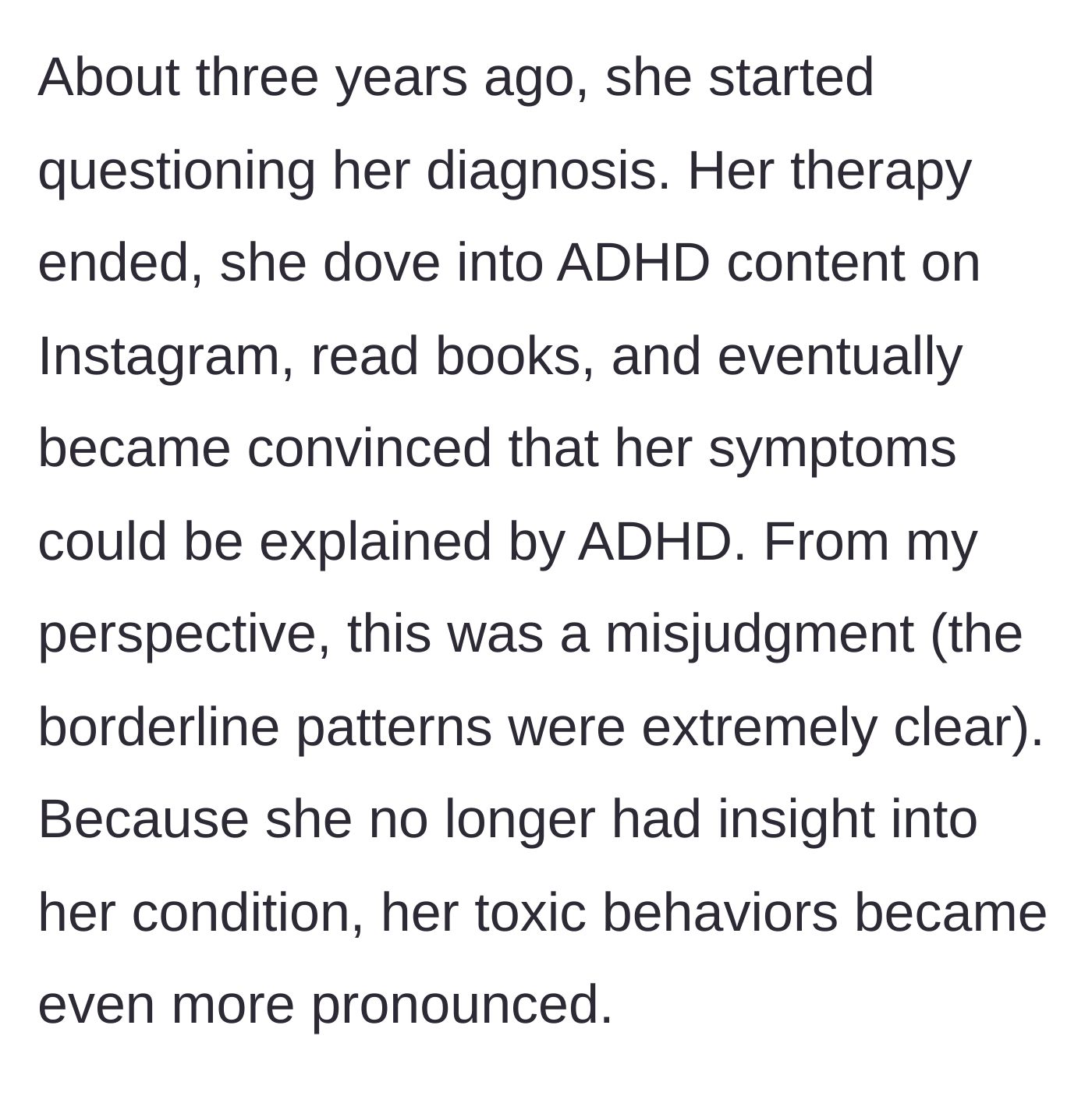 Story part 3 - The friend drops her therapy, turns to Instagram, and self-diagnoses with ADHD, abandoning her previous clinical diagnosis.