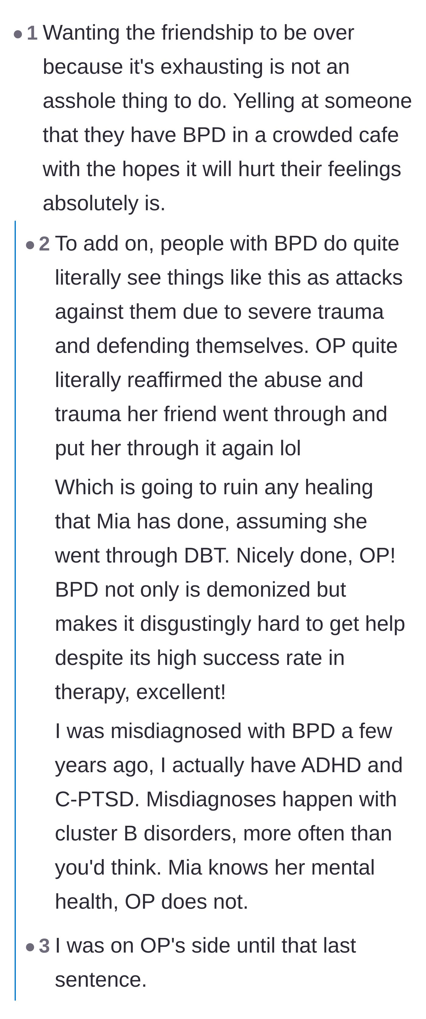 Comment thread 1 - Debate on the cruelty of the public confrontation and the common misdiagnosis of BPD in neurodivergent women.