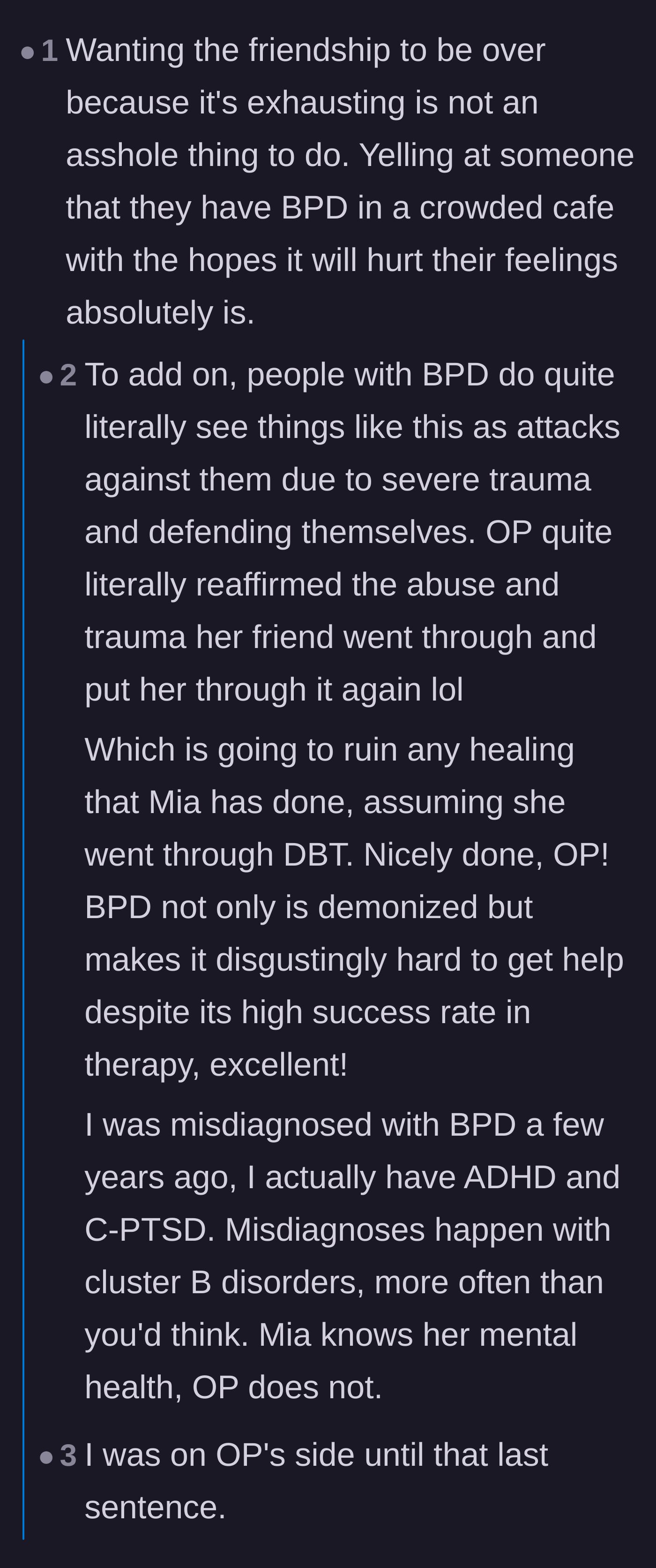 Comment thread 1 - Debate on the cruelty of the public confrontation and the common misdiagnosis of BPD in neurodivergent women.