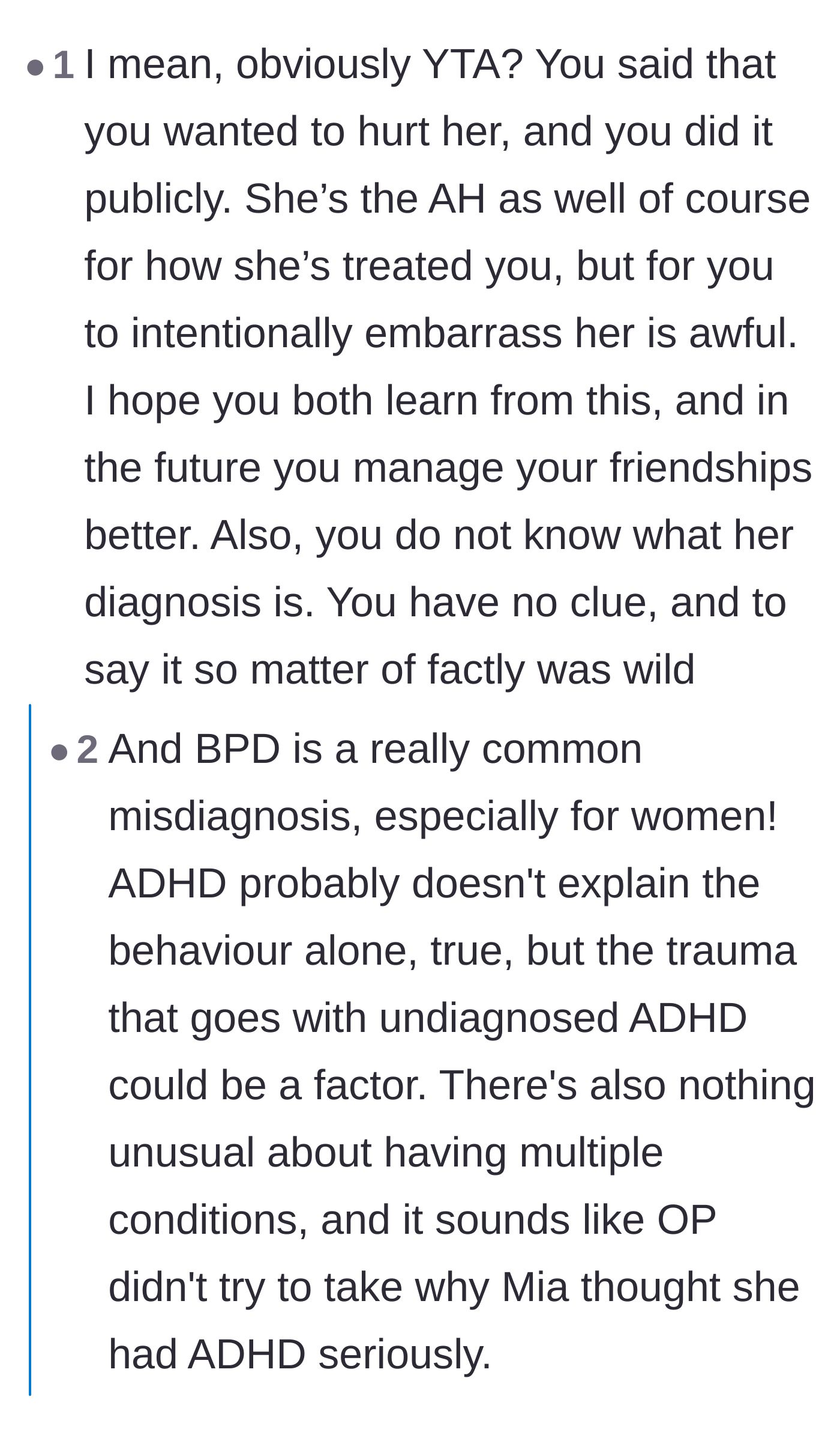 Comment thread 2 - Criticism of the main character's admitted desire to inflict pain and her armchair psychology.