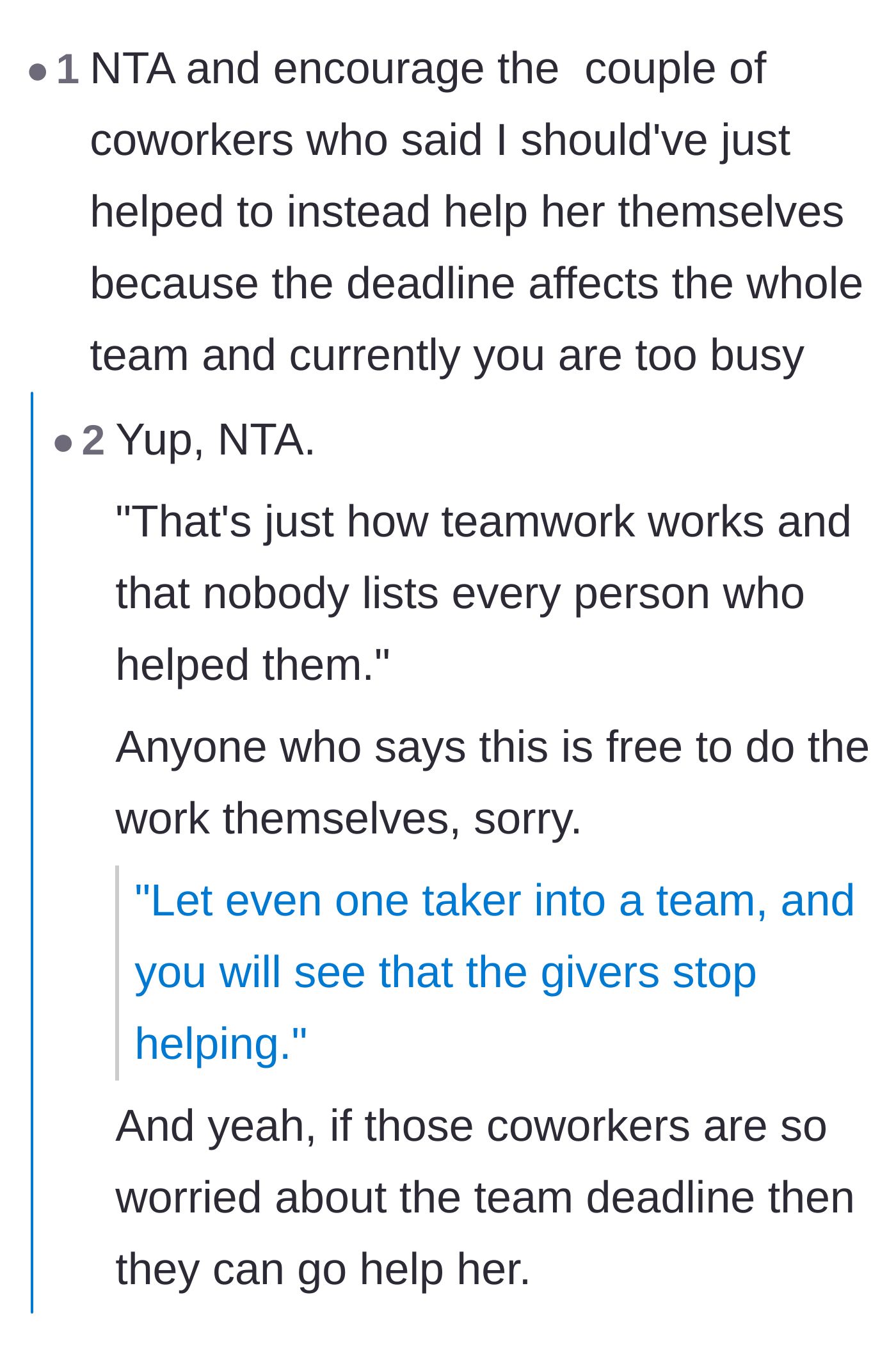 Comment thread 1 - Suggesting that the complaining coworkers should step up and help Mia themselves.