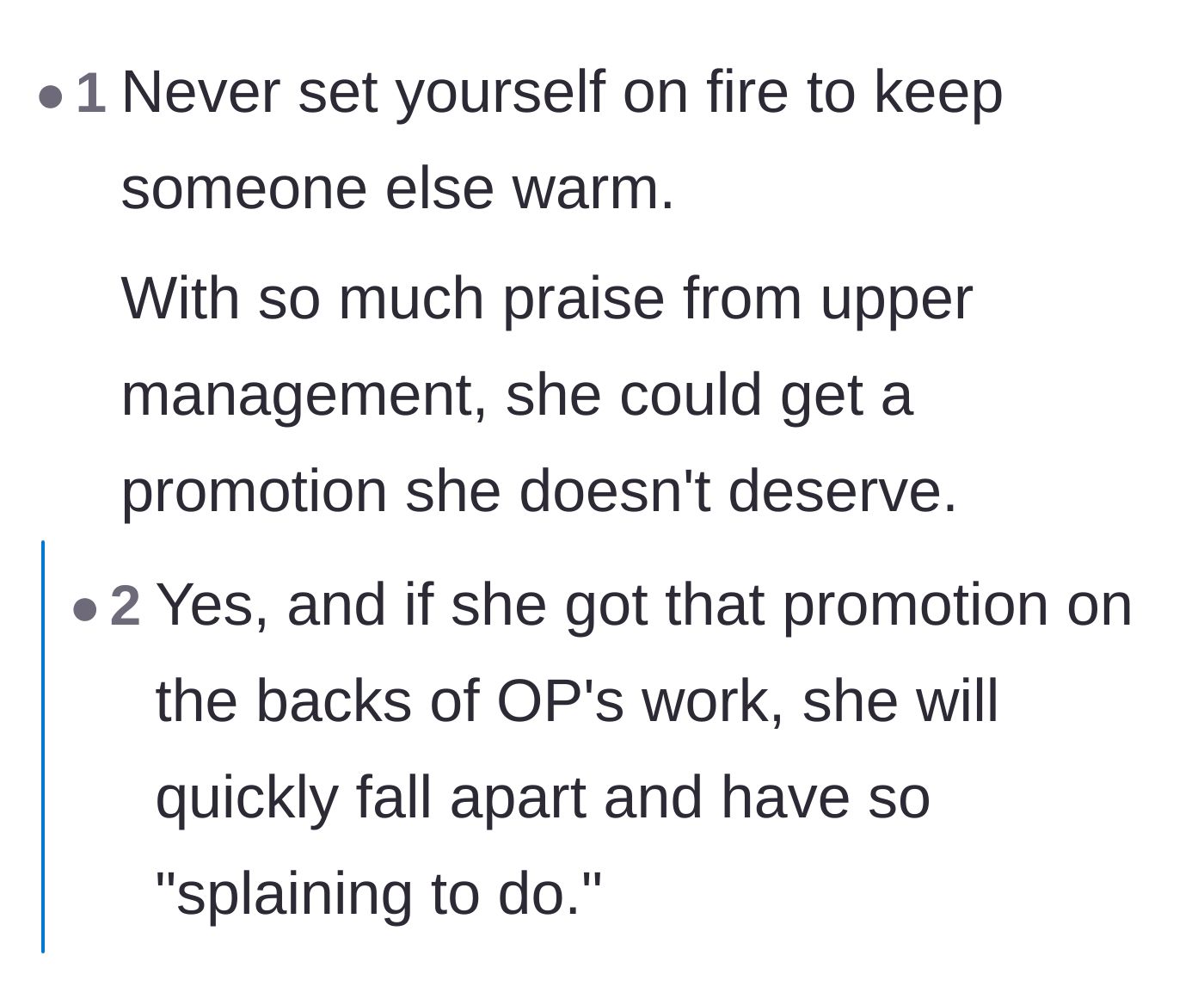 Comment thread 5 - Warning about the dangers of helping a coworker get an unearned promotion.