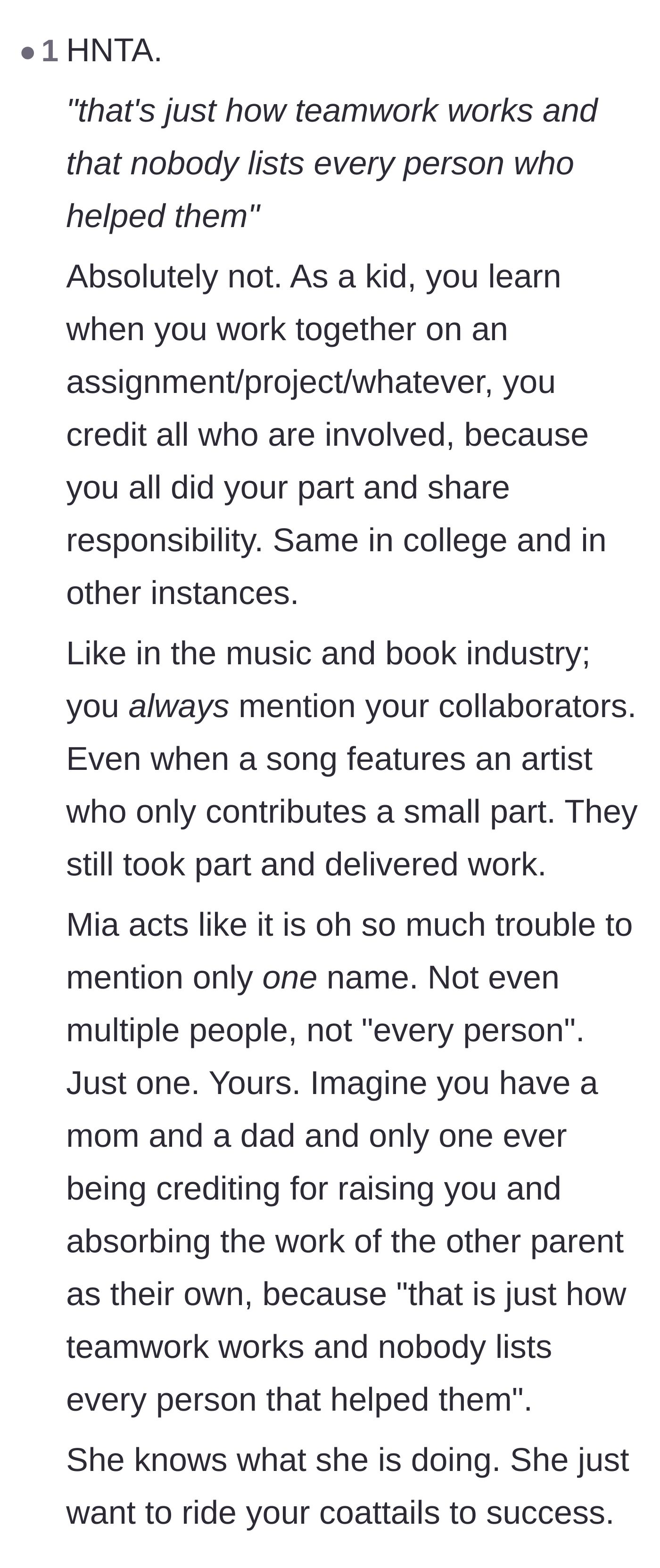 Comment thread 6 - Comparing workplace credit to the music and book industries to prove Mia's malicious intent.