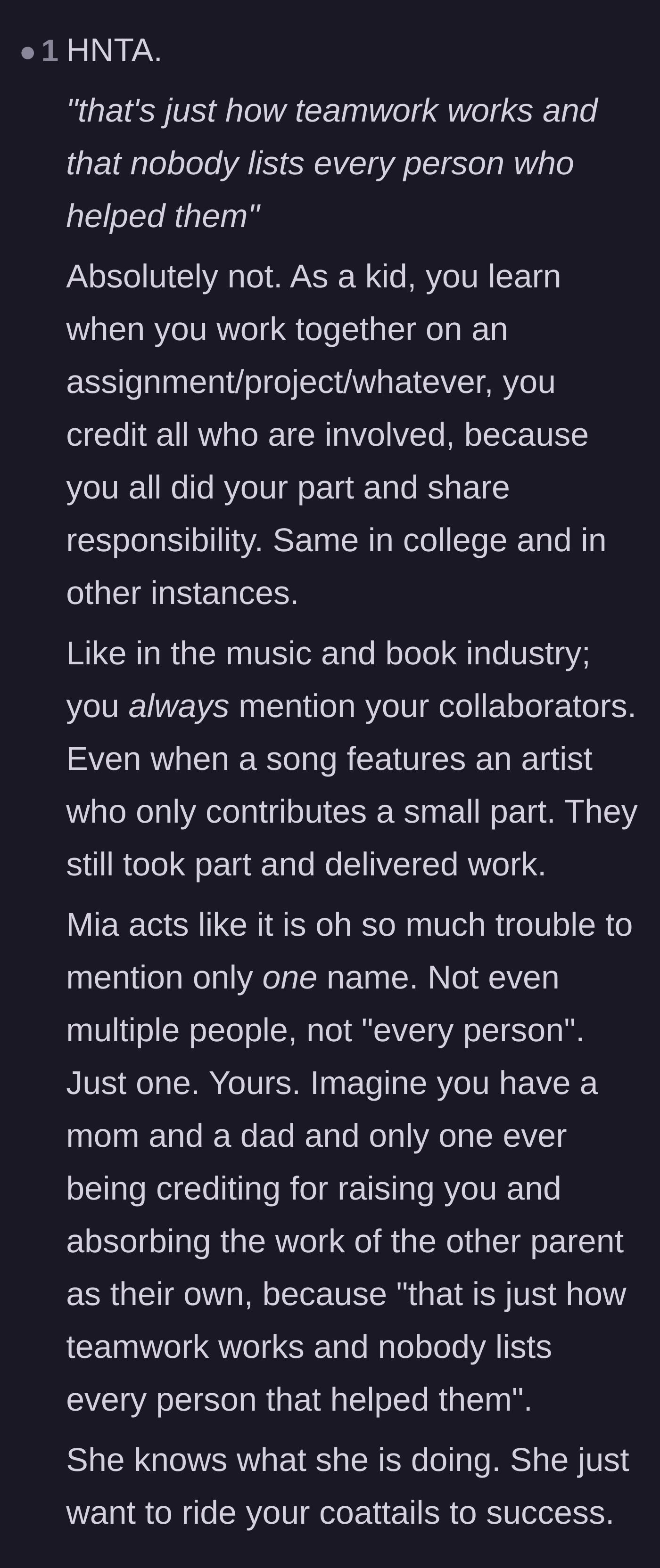 Comment thread 6 - Comparing workplace credit to the music and book industries to prove Mia's malicious intent.