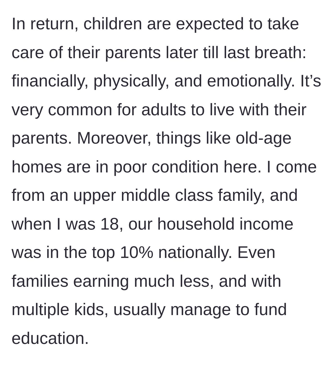Story part 2 - Son outlines the cultural expectation of elder care and the poor state of retirement facilities.