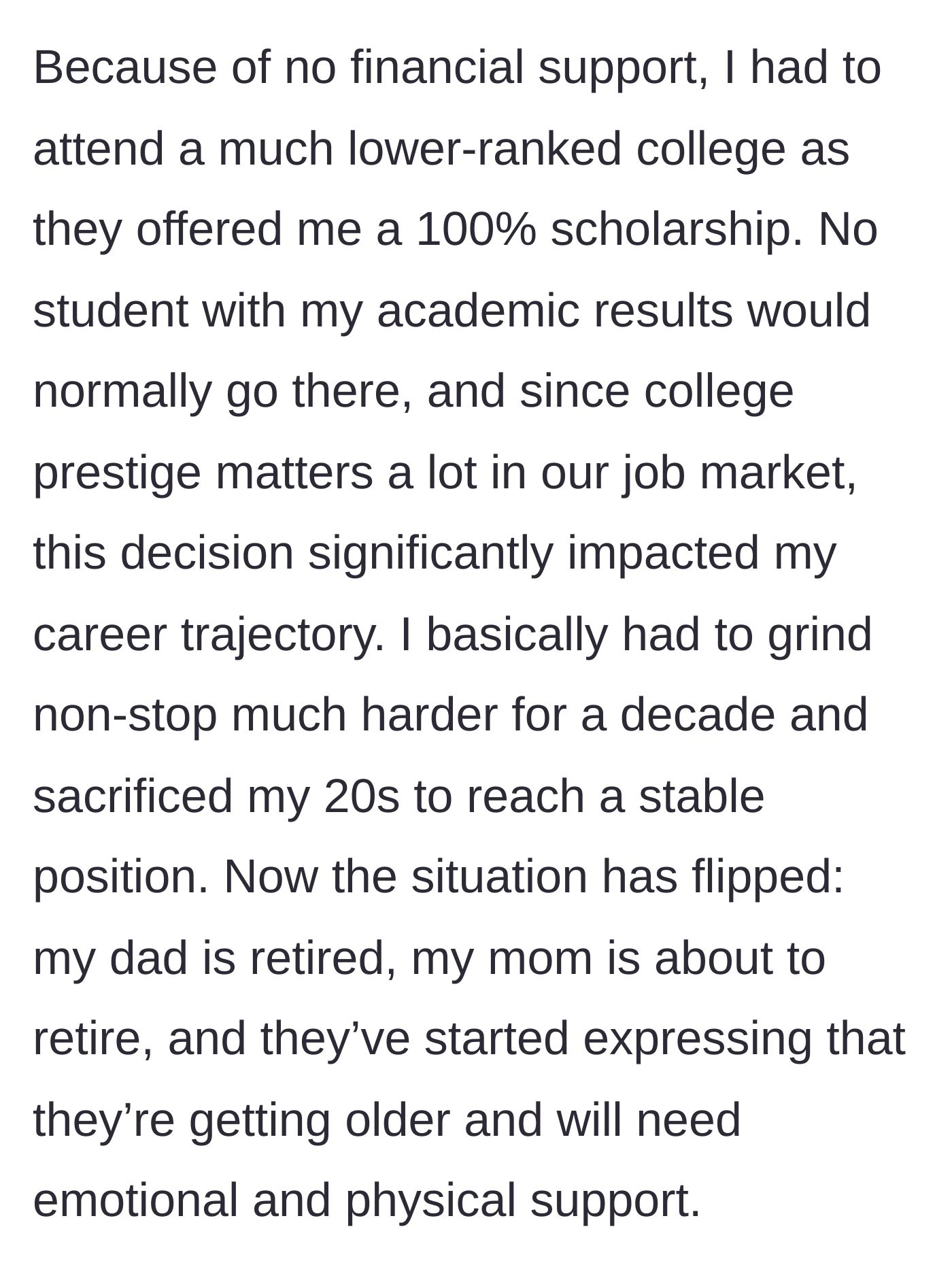 Story part 4 - Son grinds for a decade after taking a lesser scholarship, while his parents begin demanding retirement support.