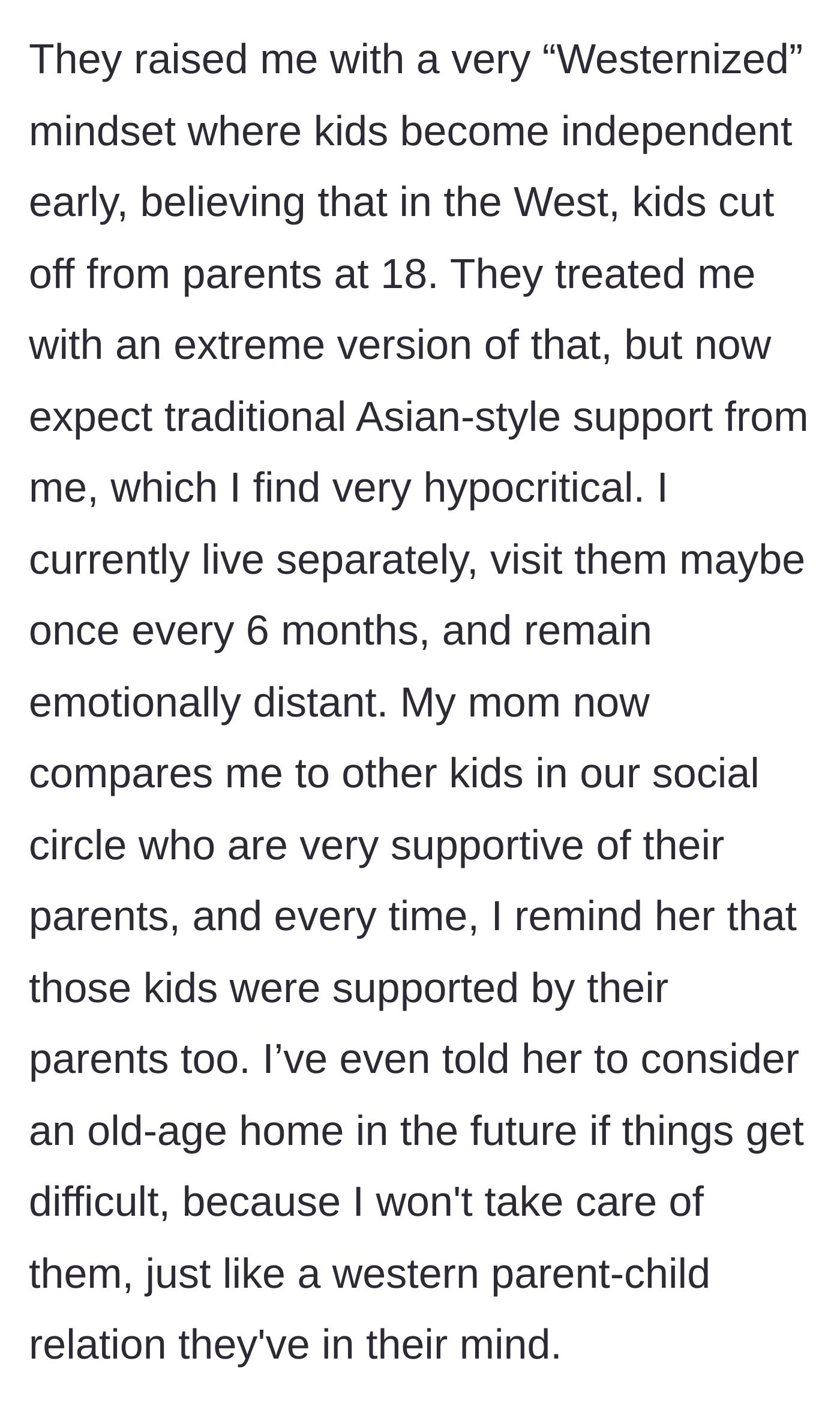 Story part 5 - Son reminds his mother that she chose the Western parenting model and suggests an old-age home.