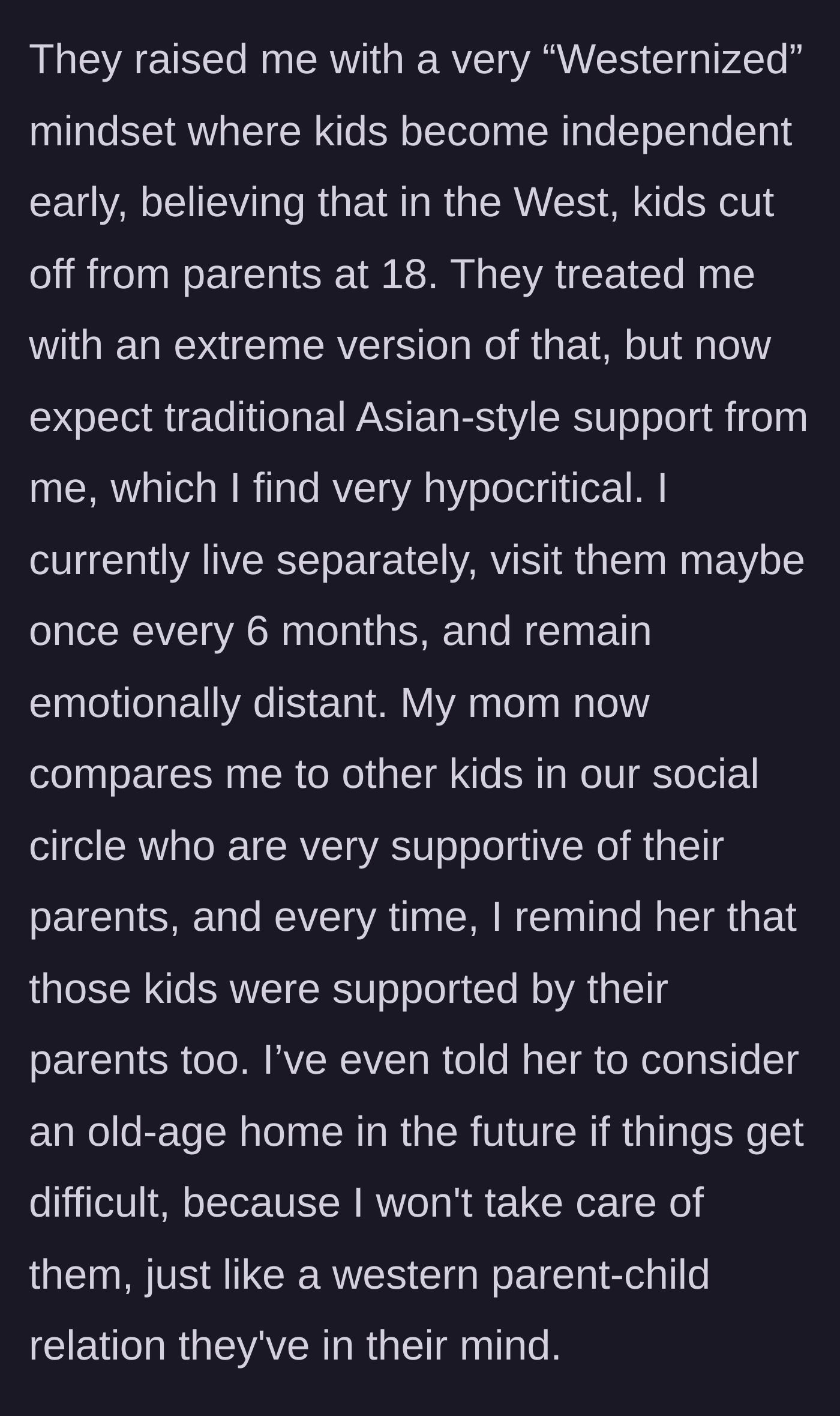 Story part 5 - Son reminds his mother that she chose the Western parenting model and suggests an old-age home.