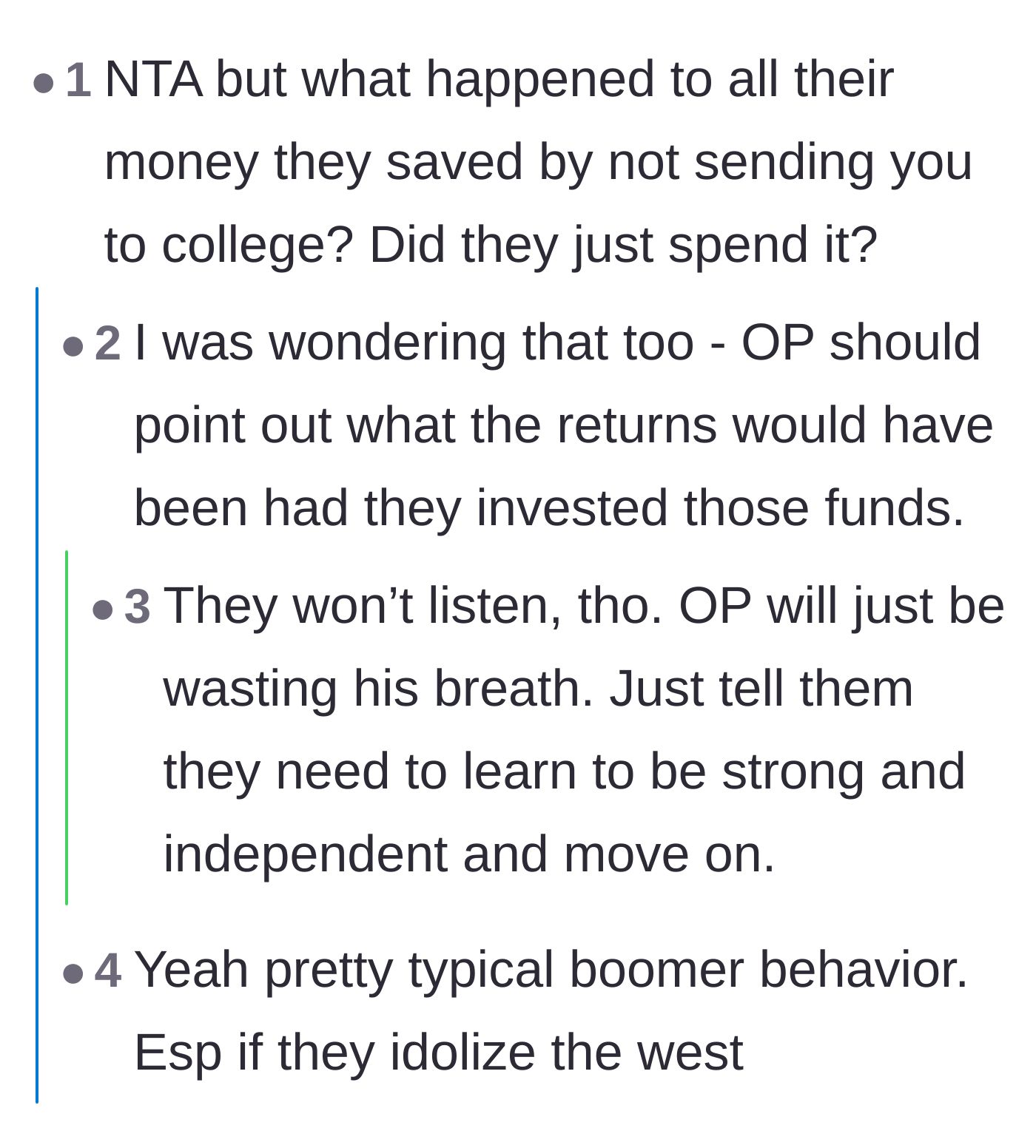 Comment thread 1 - Readers question what the parents did with the money they saved on college tuition.