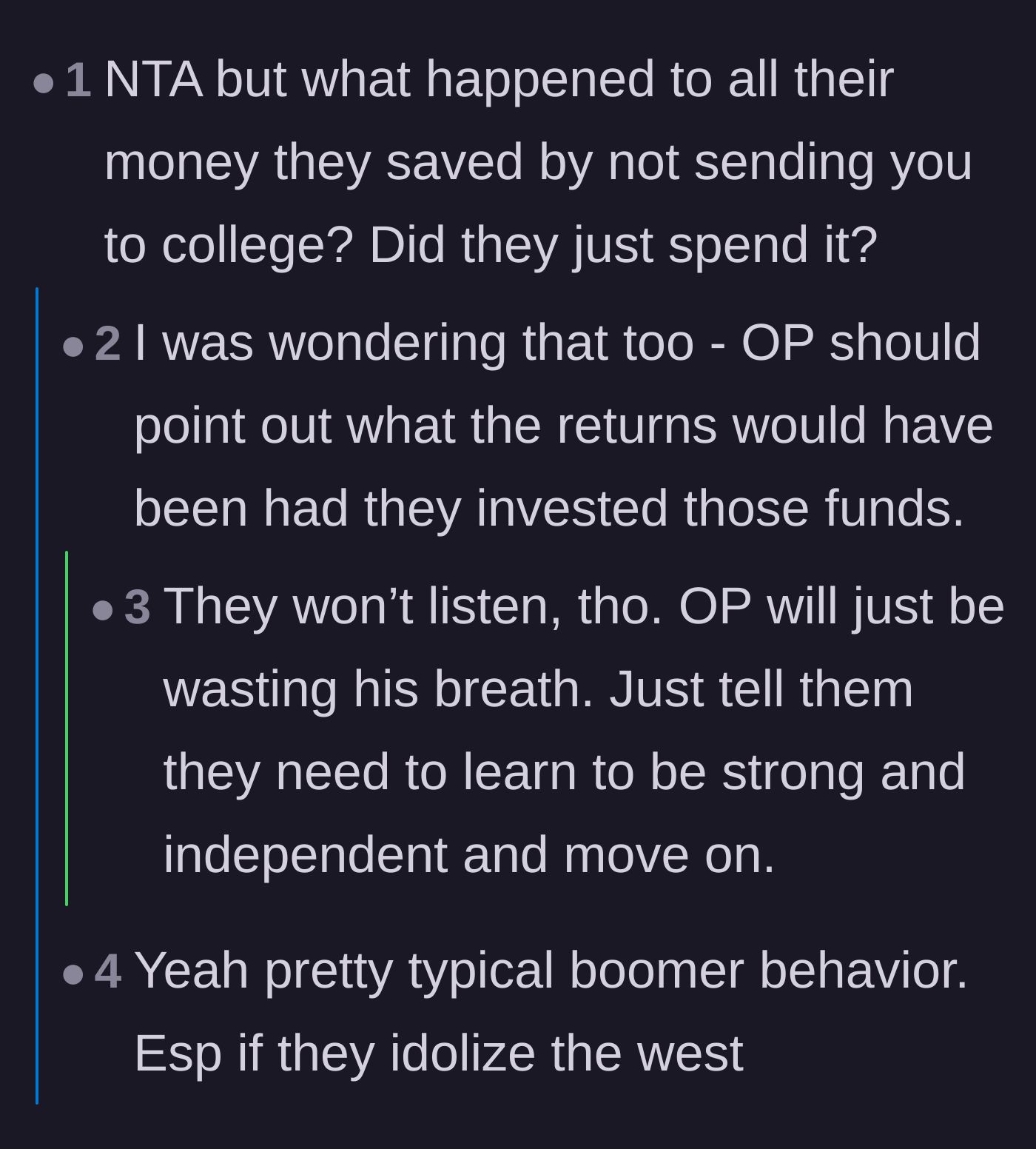 Comment thread 1 - Readers question what the parents did with the money they saved on college tuition.