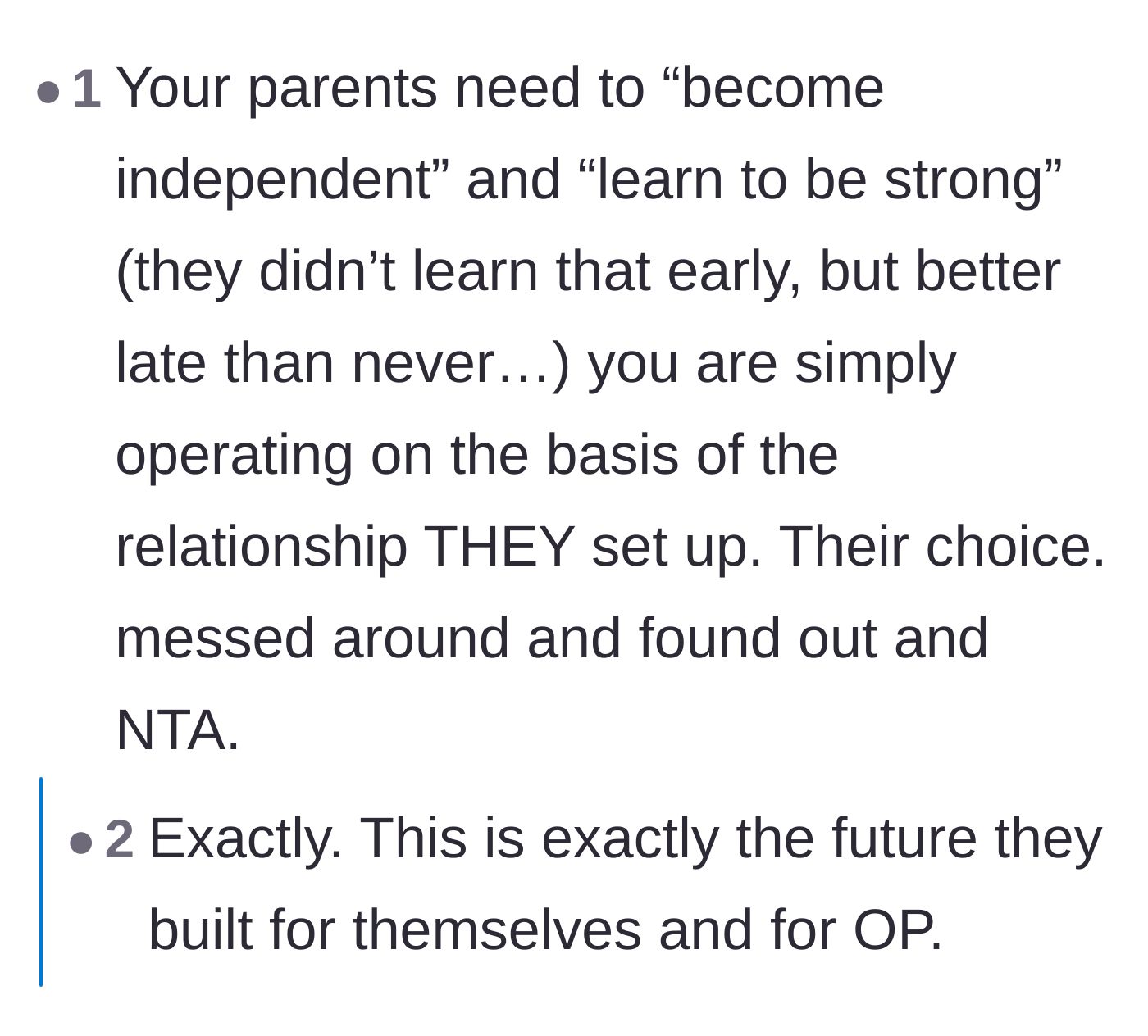 Comment thread 2 - Commenters flip the parents' quotes about 'becoming independent' back onto them.