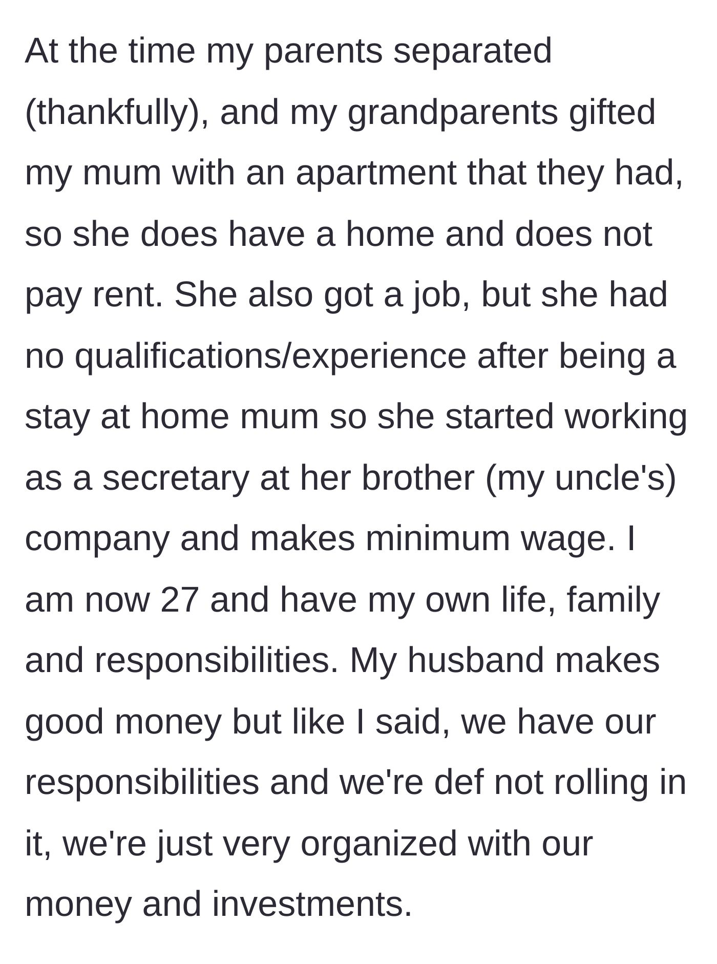 Story part 2 - Explaining the mother's subsidized housing situation and the main character's current life managing their own family on a tight budget.