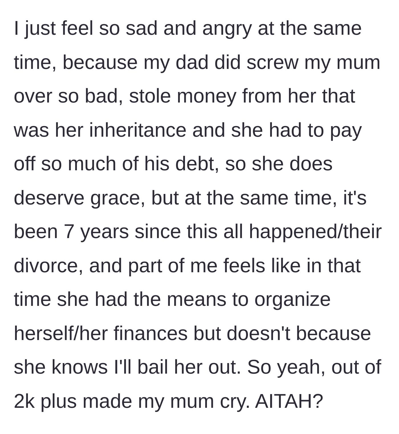 Story part 6 - The main character wrestling with profound sadness, guilt, and the realization that their ongoing support prevents the mother from ever gaining independence.
