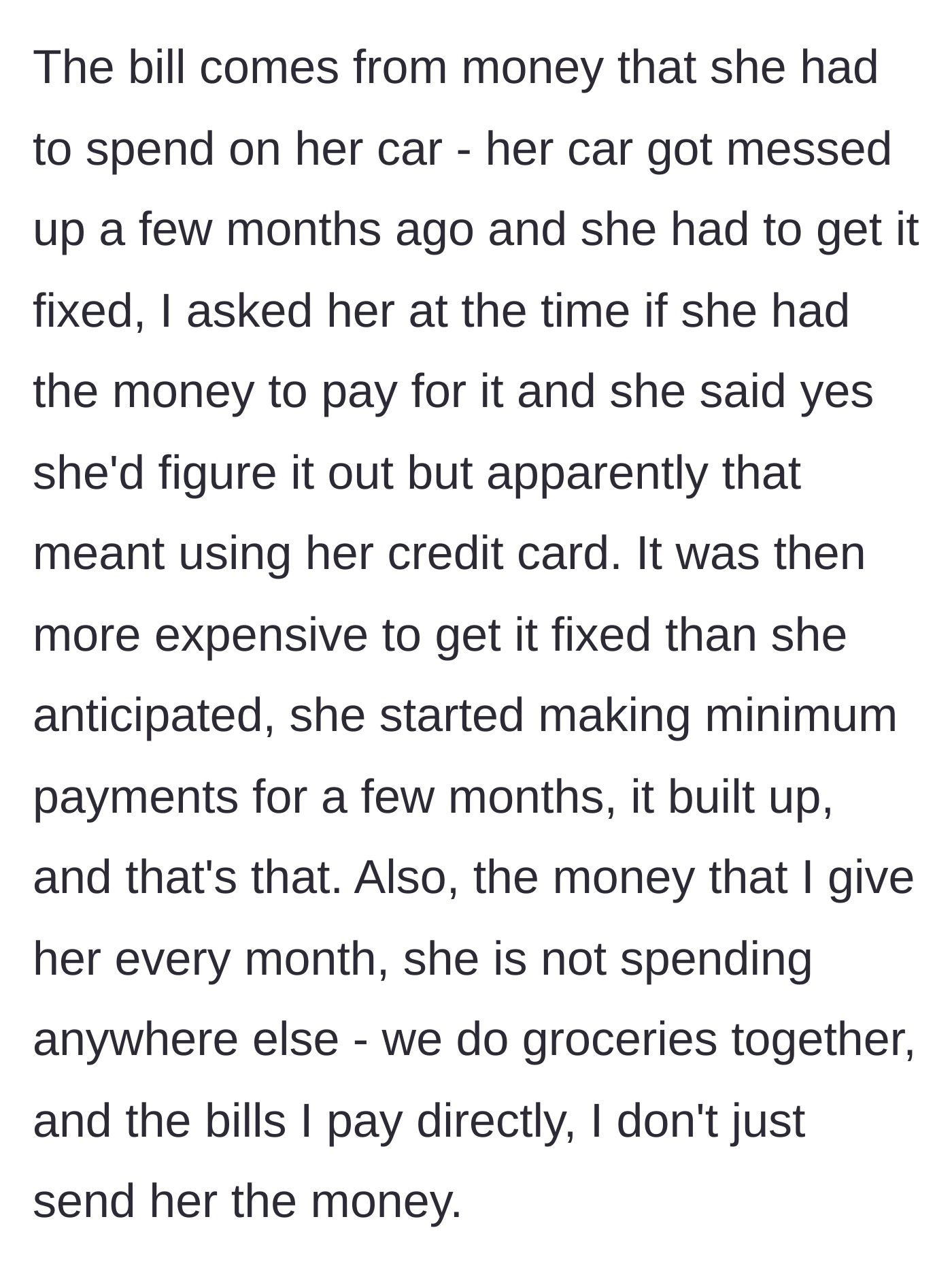 Story part 8 - Explaining the debt originated from neglected car repairs and detailing the strict, parental way the main character manages the mother's monthly finances.