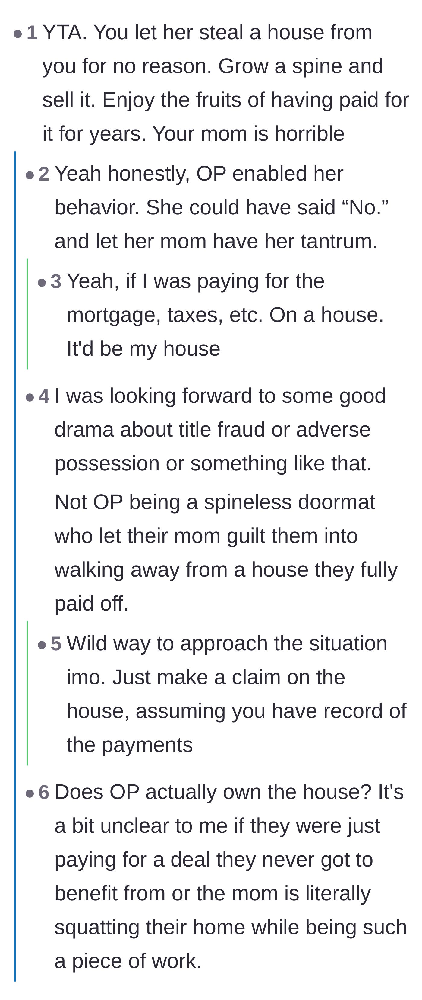 Comment thread 2 - A debate on the legal mechanics of how the mother stole the house and the main character's lack of action.