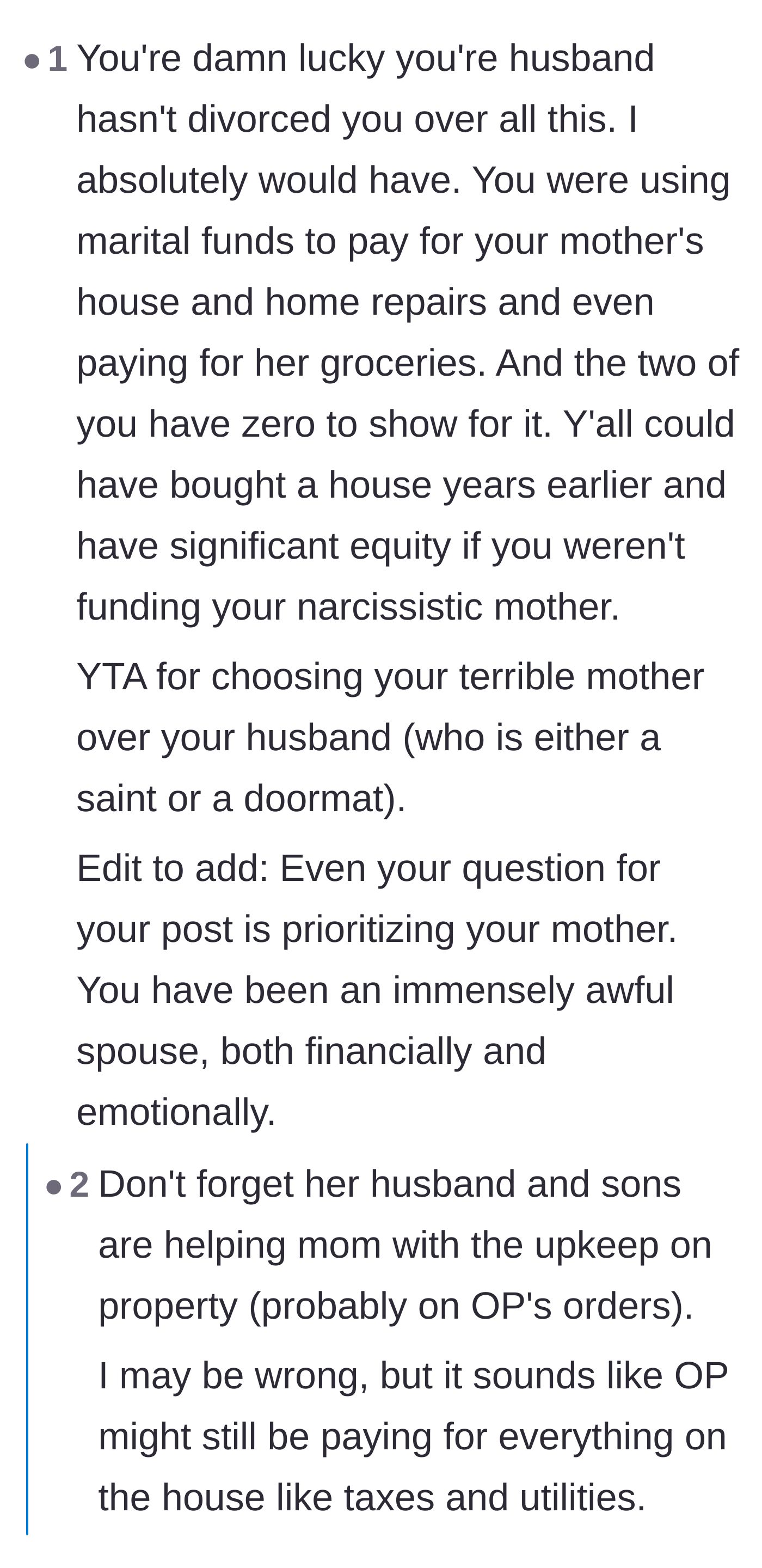 Comment thread 3 - Commenters point out that the main character is betraying their husband by wasting marital funds on the mother.