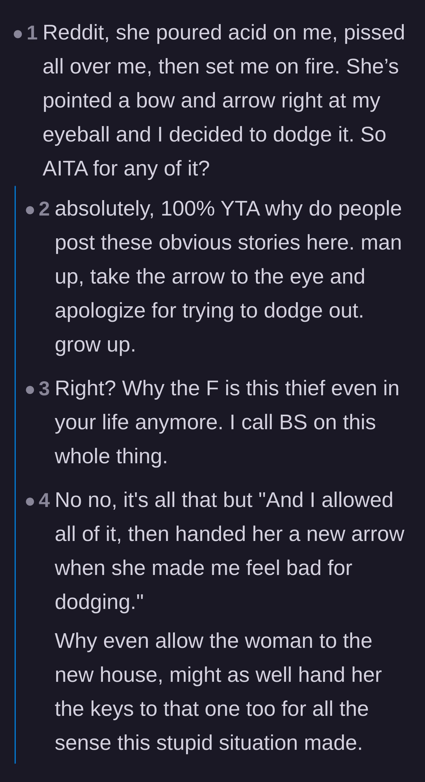 Comment thread 4 - A sarcastic analogy highlighting how victims of abuse often lose their sense of normalcy and logic.