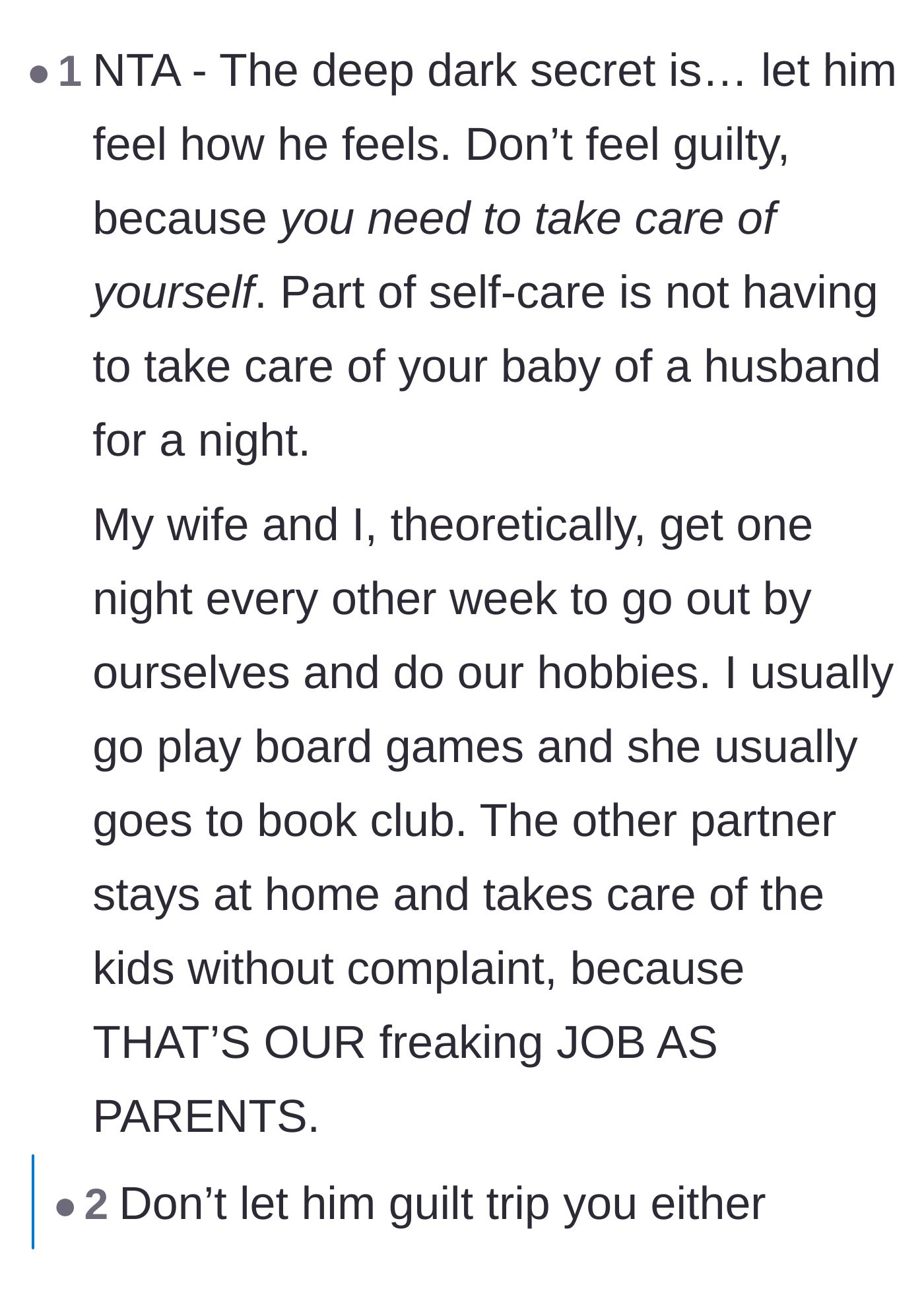 Comment thread 1 - Advice on splitting parenting duties and refusing to accept guilt trips from an unsupportive spouse