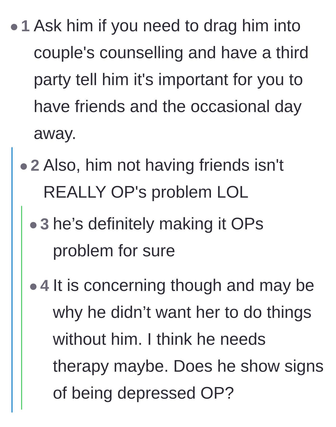Comment thread 2 - Suggesting couple's therapy to address the husband's codependency and potential depression