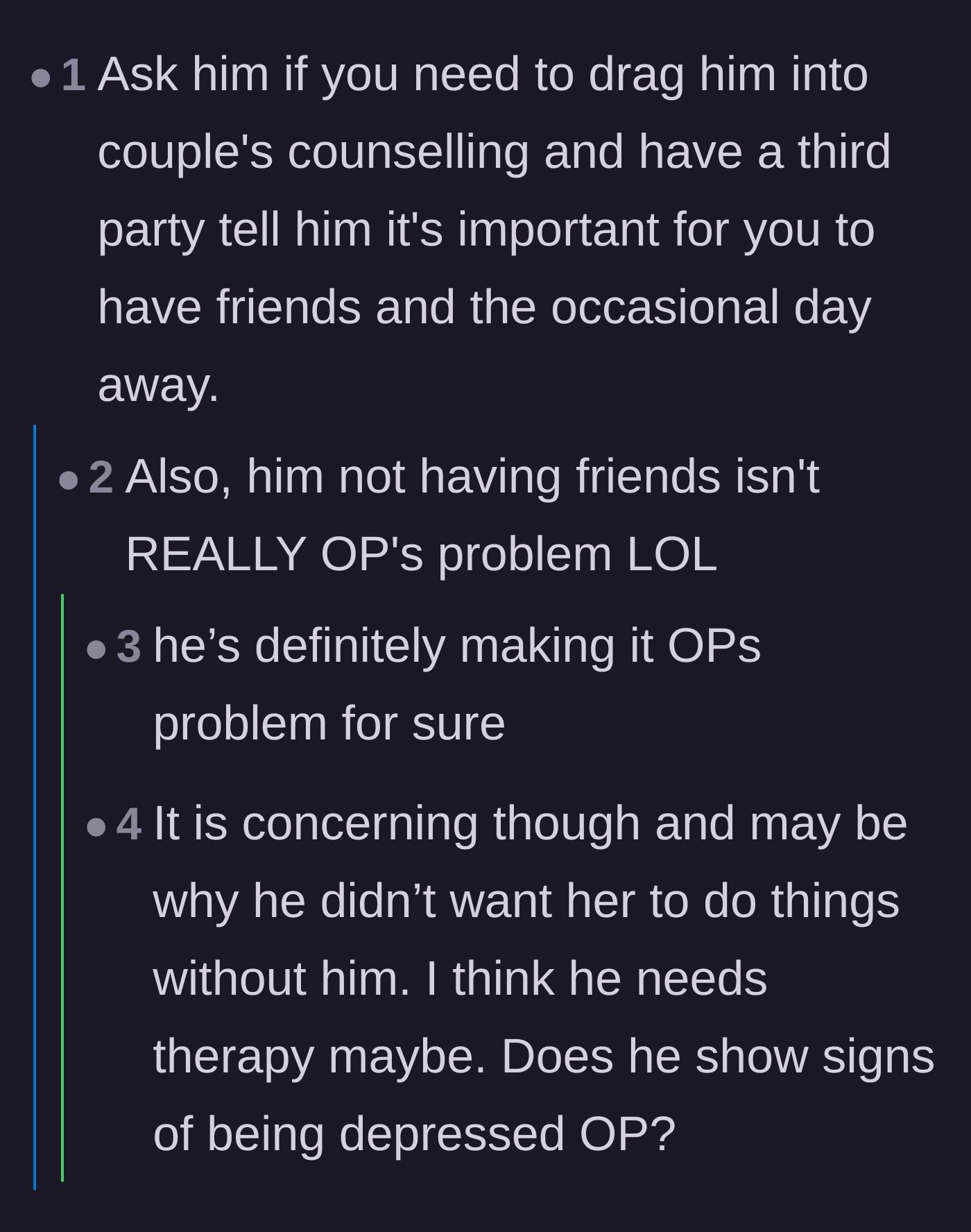 Comment thread 2 - Suggesting couple's therapy to address the husband's codependency and potential depression