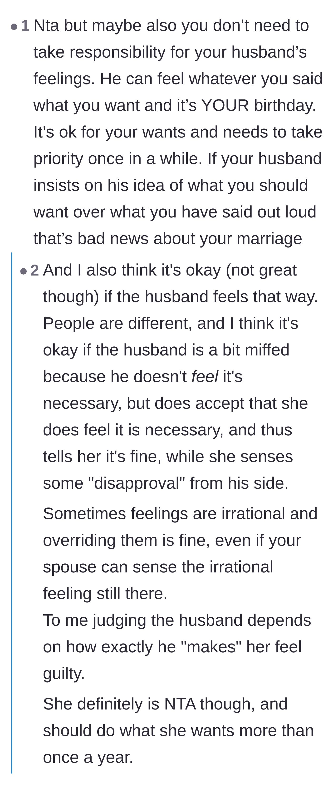Comment thread 4 - Discussion about separating the wife's desperate needs from the husband's irrational feelings